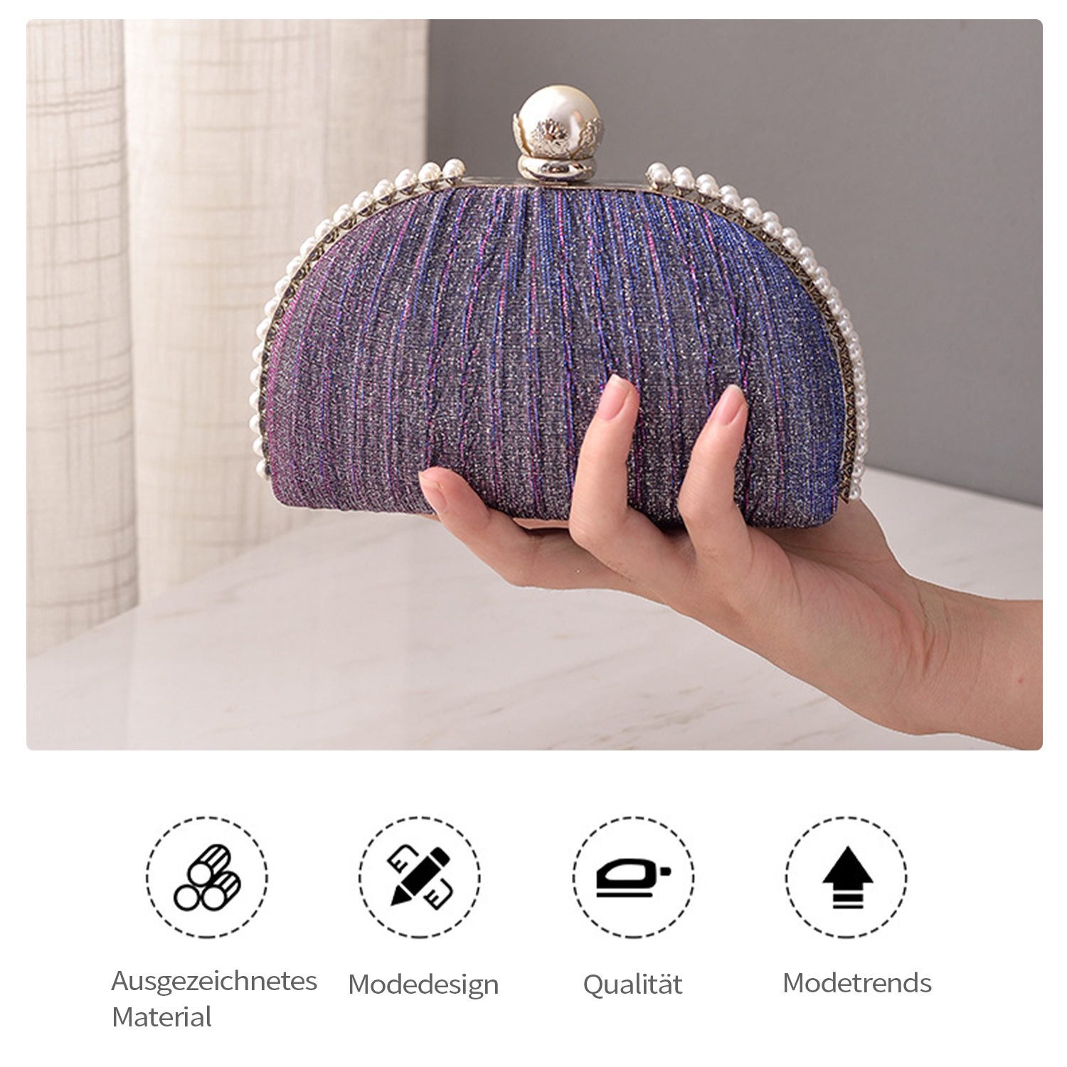 Refttenw Abendtasche Damen Glitzer Clutch mit Falten Perlen Handtasche Elegante Muschelform, Clutch lila