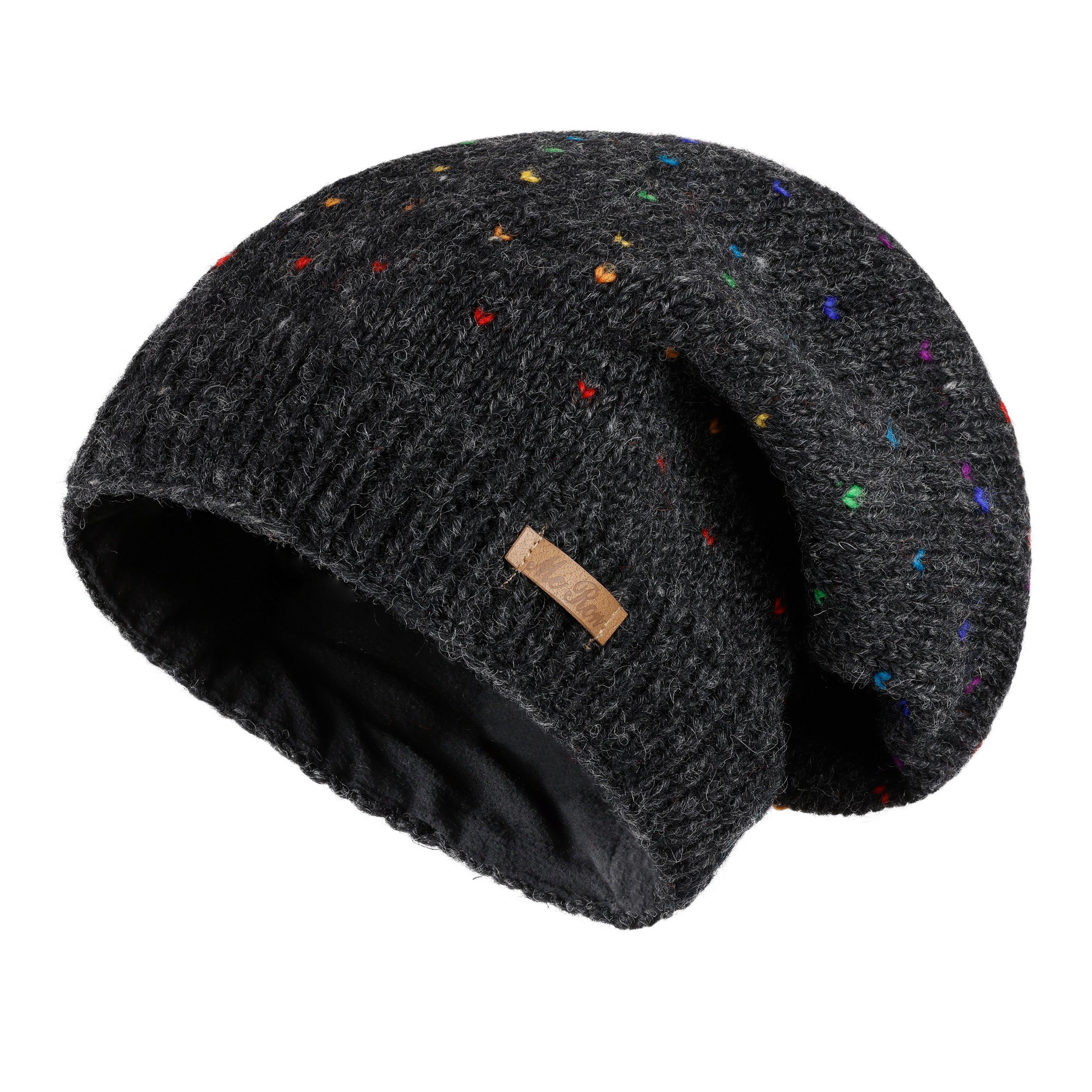 McRon Beanie Wollmütze Fleece, Modell Anthrazit hoher Regenbogen Schurwollanteil Lizzy mit gefüttert