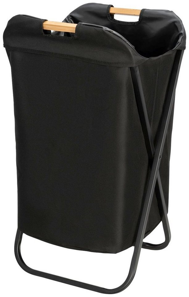 WENKO Wäschekorb Loft, klappbar, schwarz, Mit Bambus-Tragegriffen für  bequemen Transport zur Waschmaschine