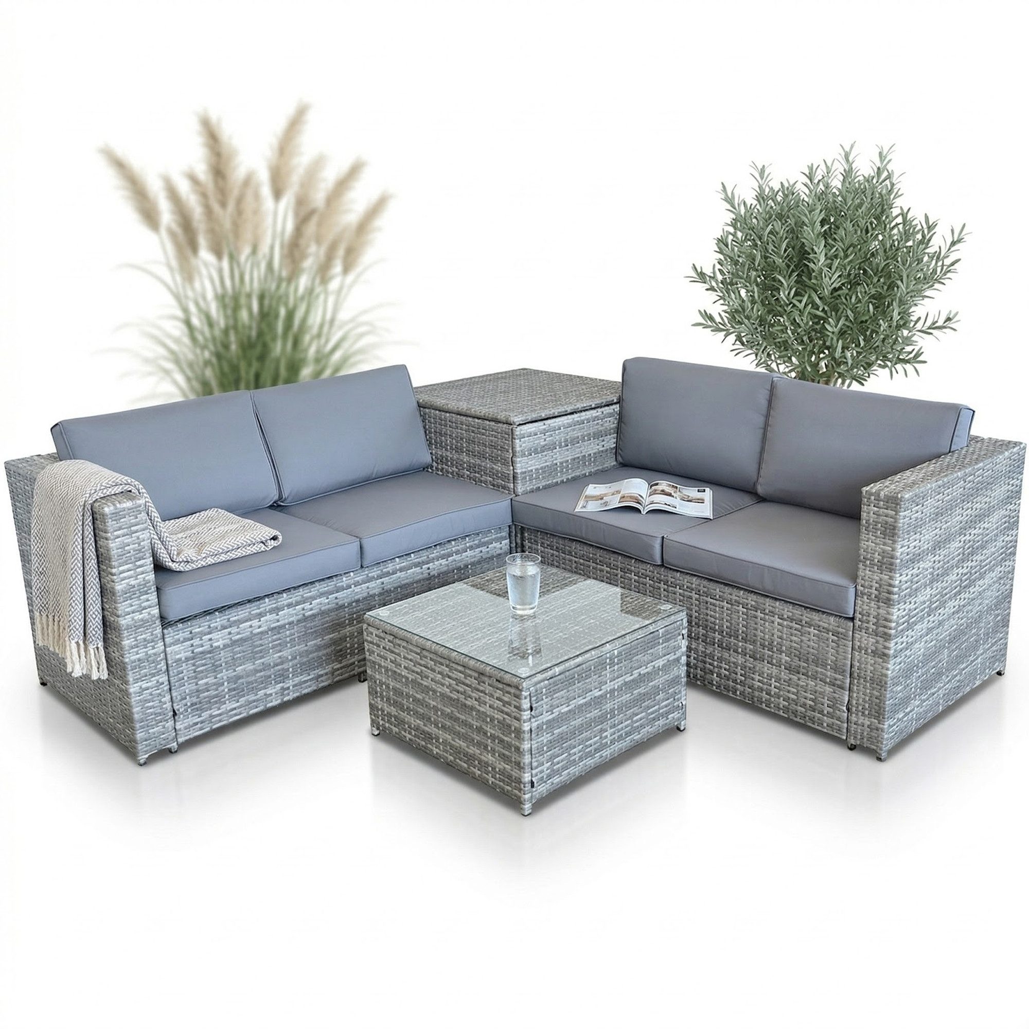 Mucola Gartenlounge-Set Polyrattan Sitzgruppe mit Auflagenbox Sitzgarnitur Gartengarnitur, (Set, inkl.Tisch), Sicherheitsglasplatte
