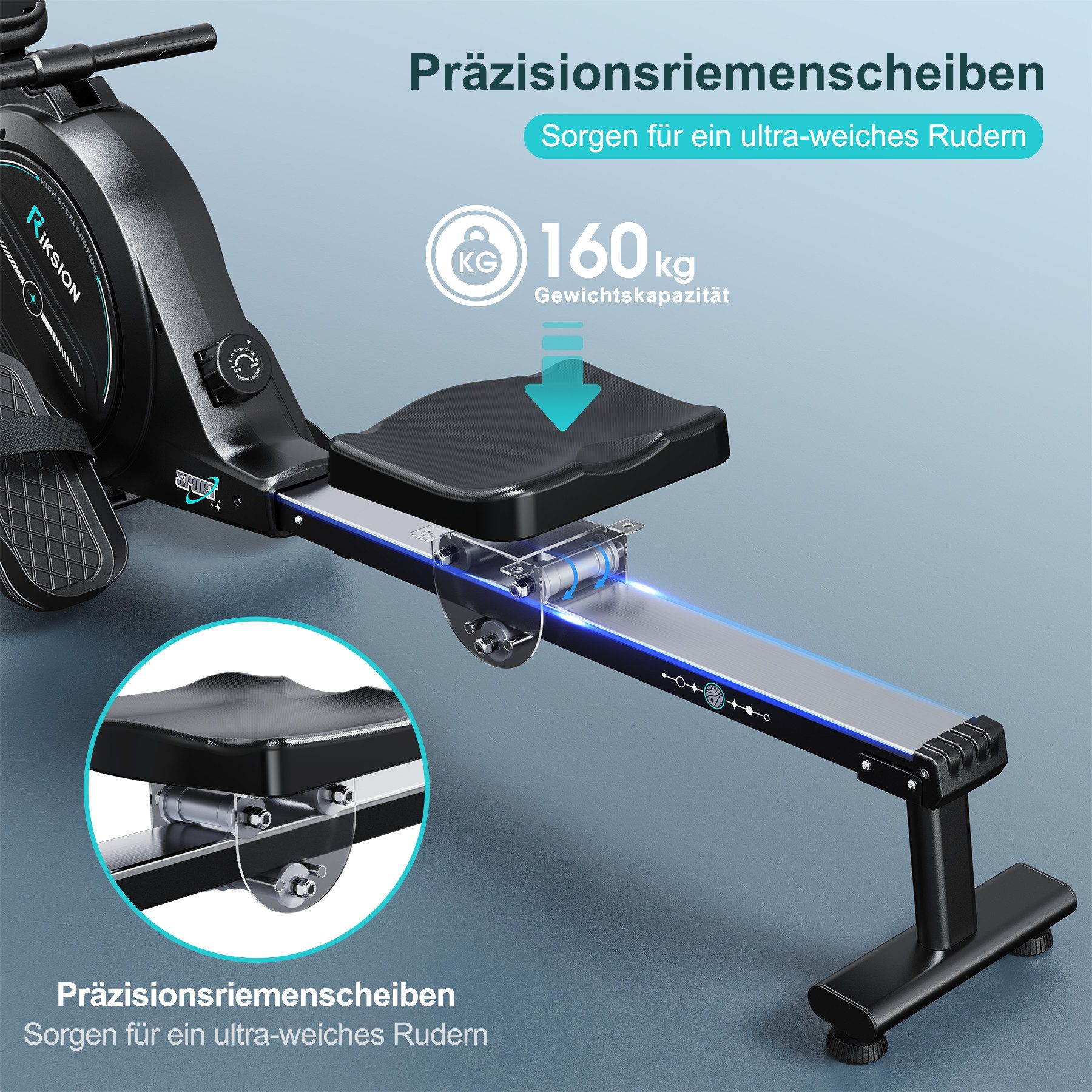 Riksion Rudergerät für Zuhause mit mit App, Rudergerät 16 Stufen Magnetwiderstand (1-tlg), Indoor-Gerät für das Home-Gym, 160 kg Kapazität mit LCD-Monitor