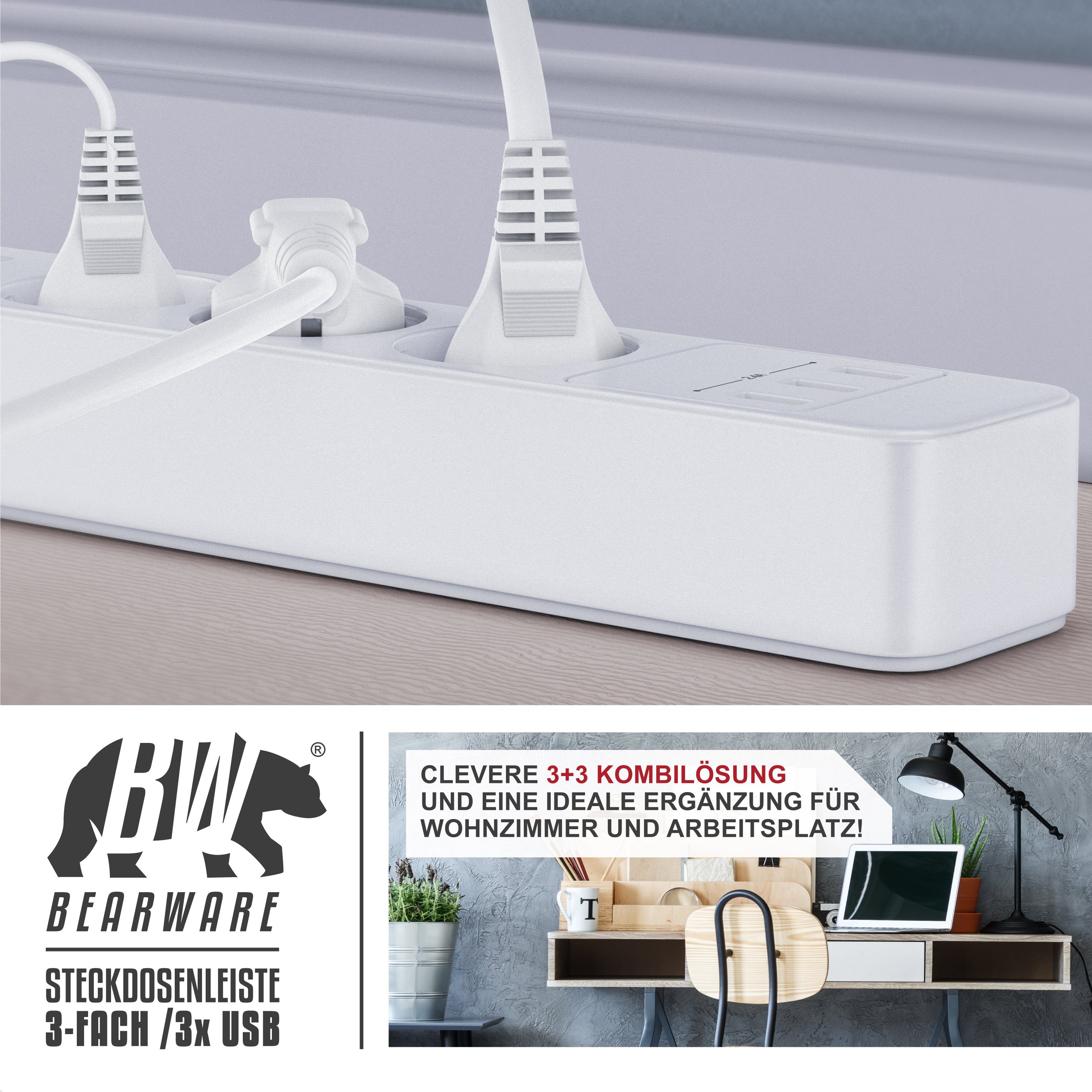 BEARWARE 3-fach mit 3x USB Ladeports und integriertem Kinderschutz Steckdosenleiste 3-fach (Ein- / Ausschalter, USB-Anschluss, Schutzkontaktstecker, Kindersiche – Bild 4 von 5