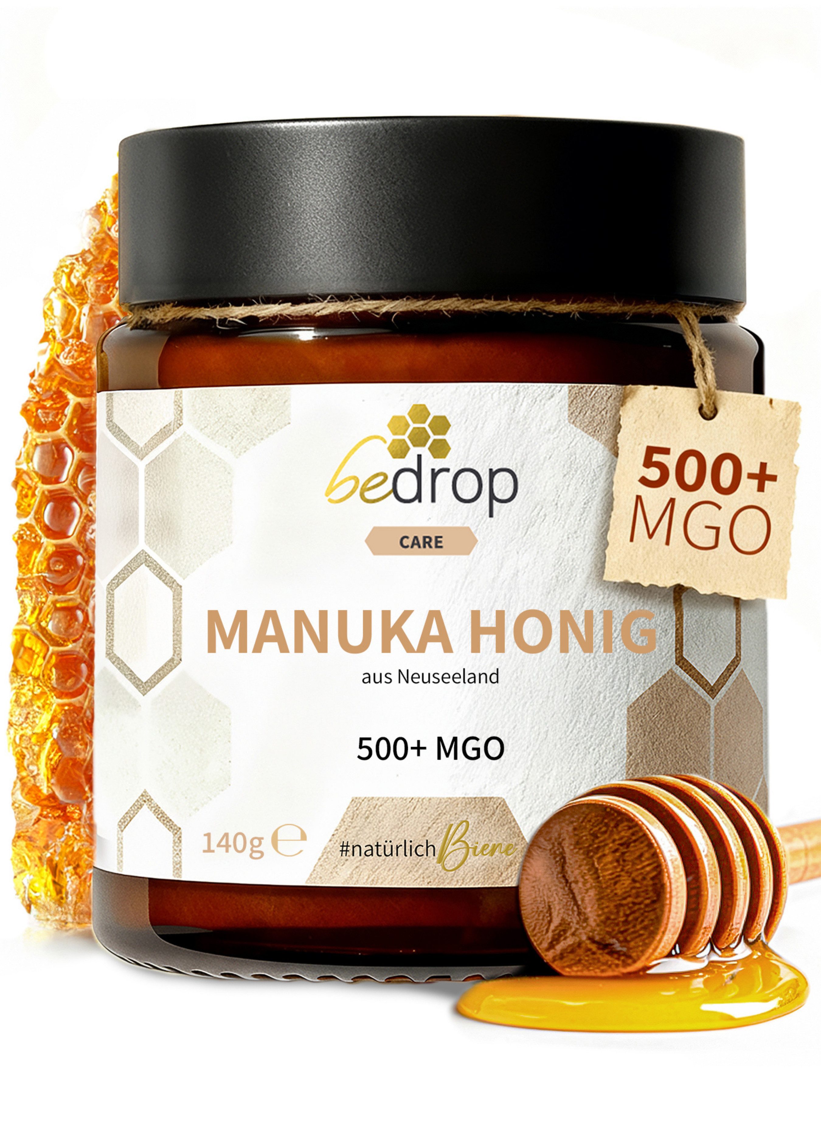 bedrop Honig Manuka Honig I XXL Glas mit MGO +500 aus Neuseeland, 1 x 140 g, (Packung, Original 100% natürlich - Echter Manuka Honig mit MGO Gehalt +500), MGO Gehalt über +500