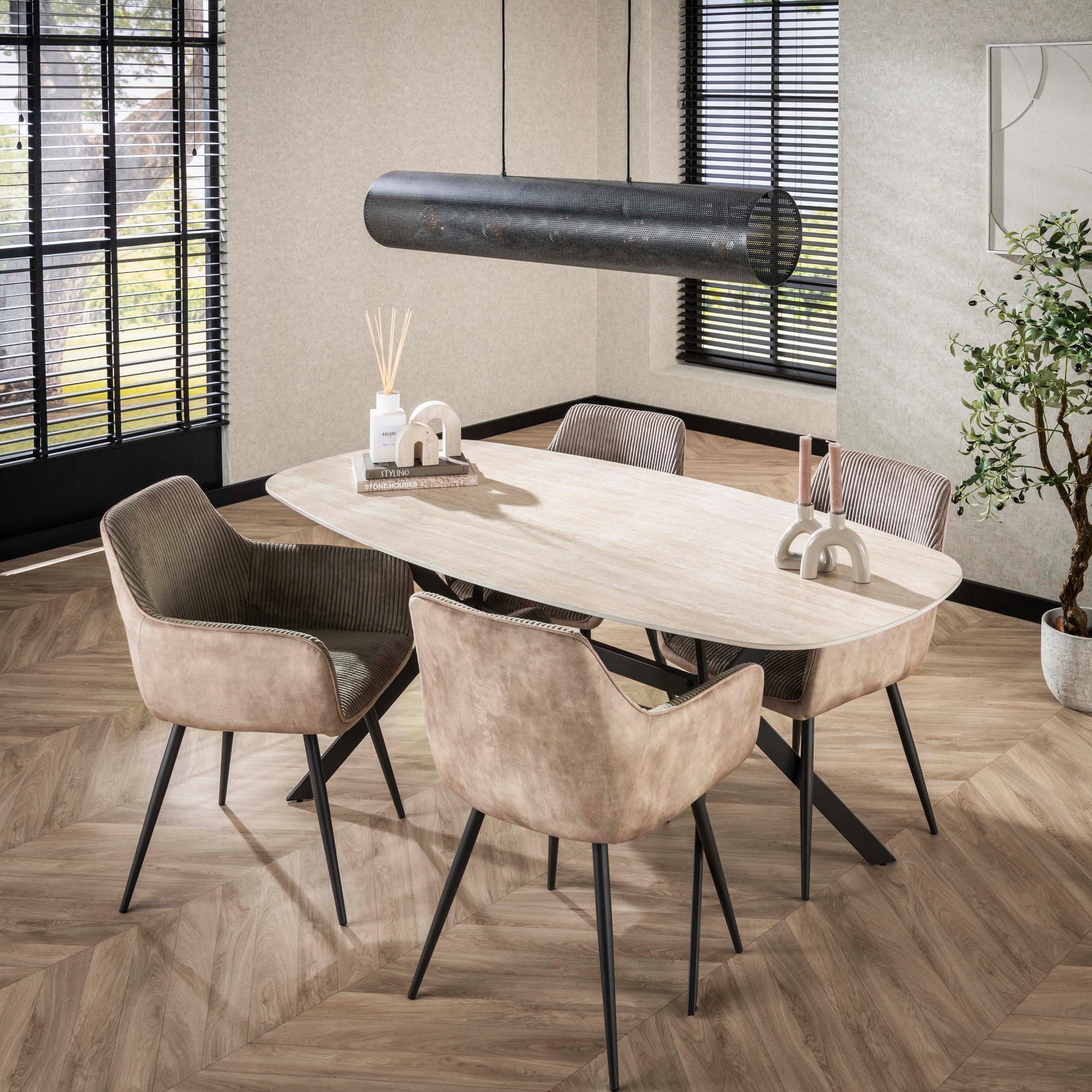 alesvelt Esstisch ROMANO LINEARE Dänisch-Ovaler Keramiktisch mit filigranem Stahlrahmen (1-Tisch), 180x90x76 cm Keramik, Travertin-Design