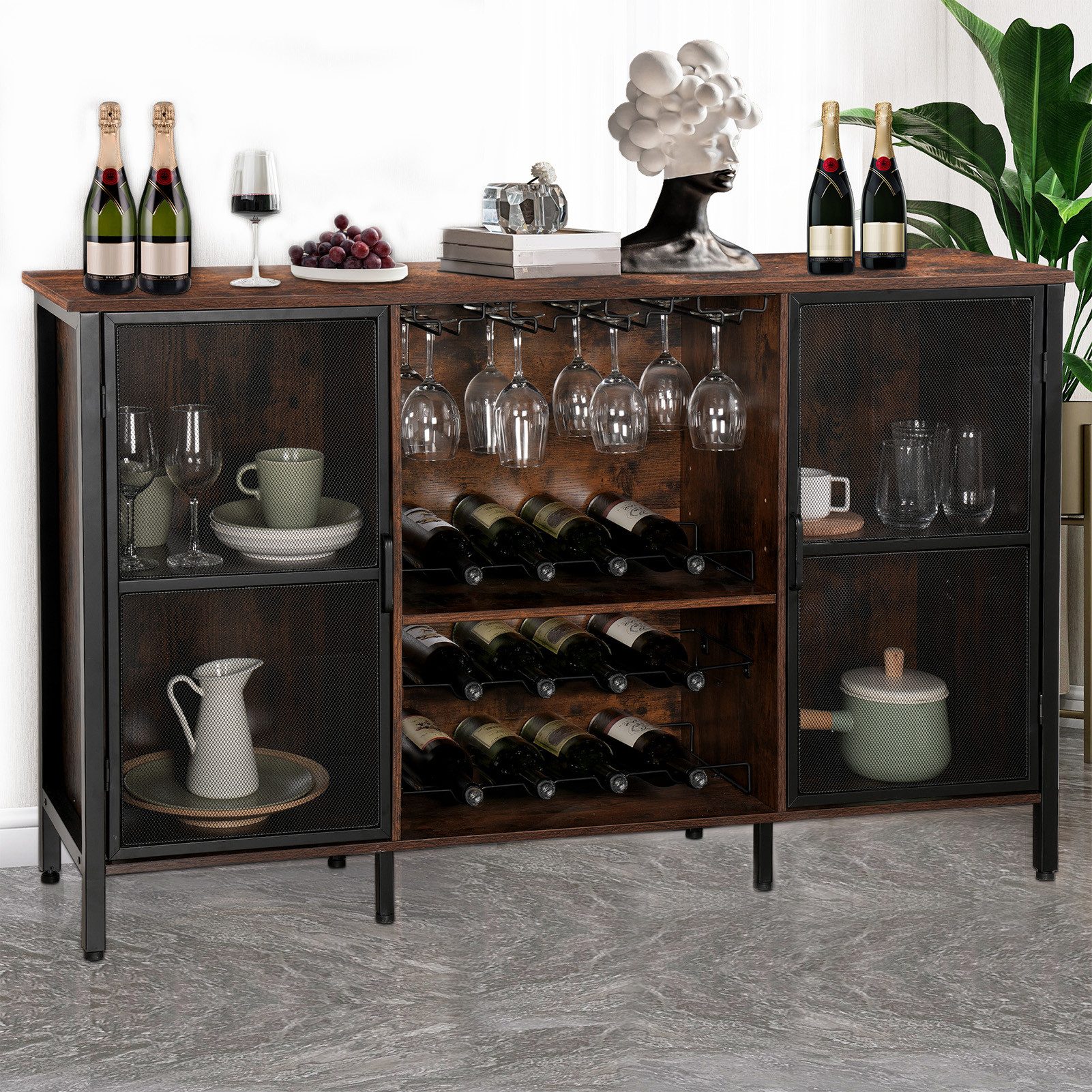 cocosity Vitrinenaufsatz Industrieller Weinbarschrank für Spirituosen und Gläser, 140 cm, Spirituosenschrank, rustikales Braun, 149 cm, Landhaus-Sideboard