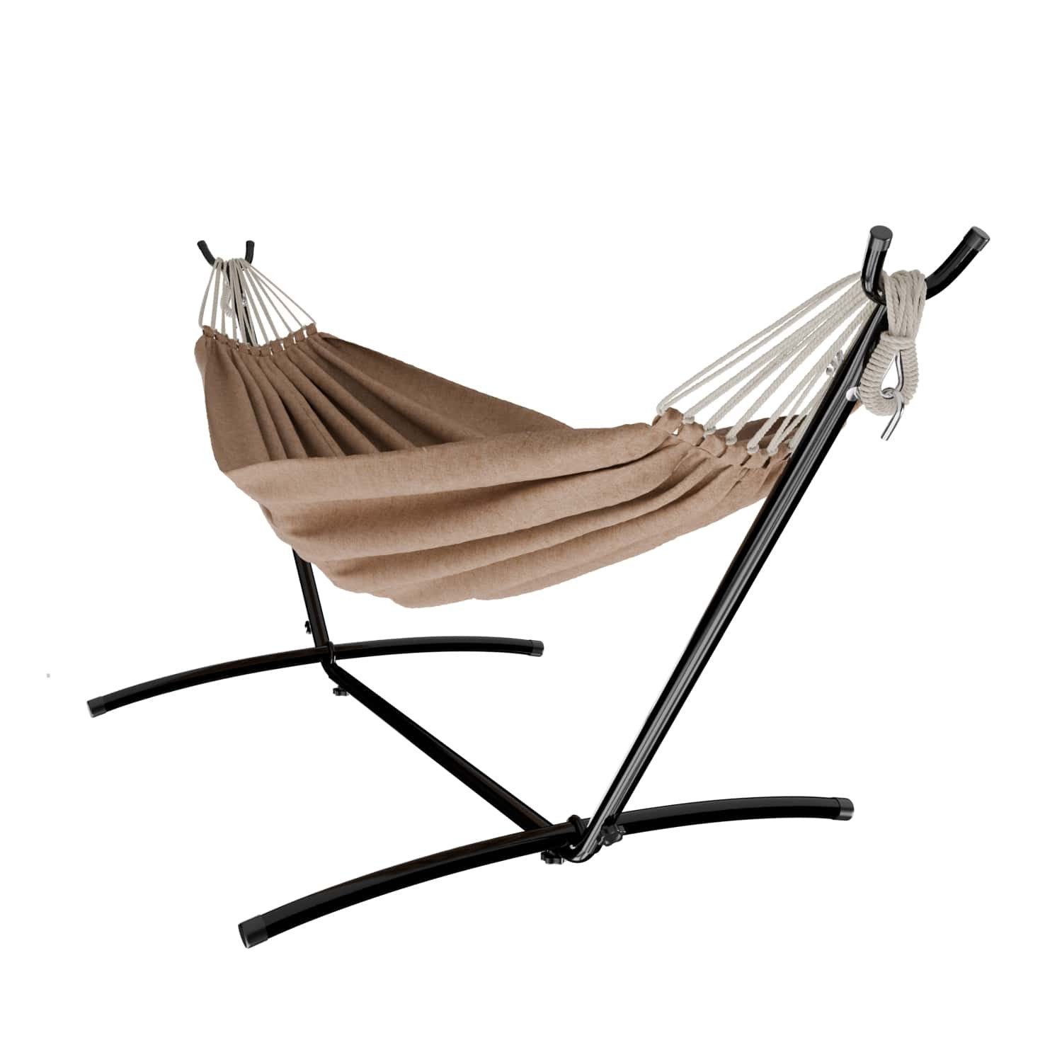 GARMIO Hängematte mit Gestell, 200kg Belastbarkeit, 270x110x105cm (inkl. Zubehör & Tragetasche, mit Kordeln, in Braun, mit Stahlgestell, klappbar), Pflegeleicht, 270 x 110 x 105cm