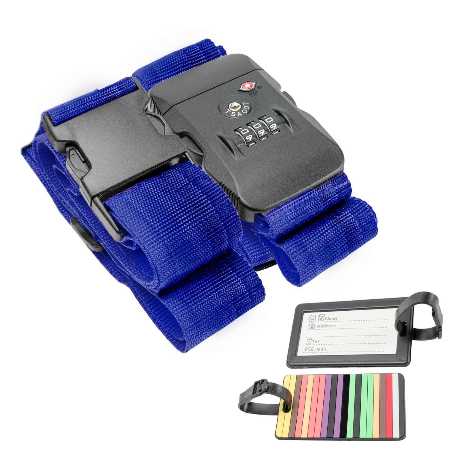 Intirilife Koffergurt, (Set, 2-tlg., 1x Koffergurt, 1x TSA-Zahlenschloss), Koffergut Gepäckgurt Zahlenschloss Namensschild Gepäckband