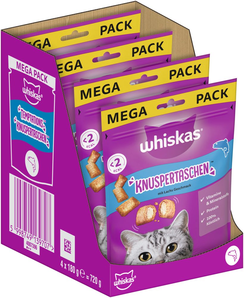 Whiskas WHISKAS® KNUSPERTASCHEN™ Beutel mit Lachs 4 x 180g, Snack für: Katze