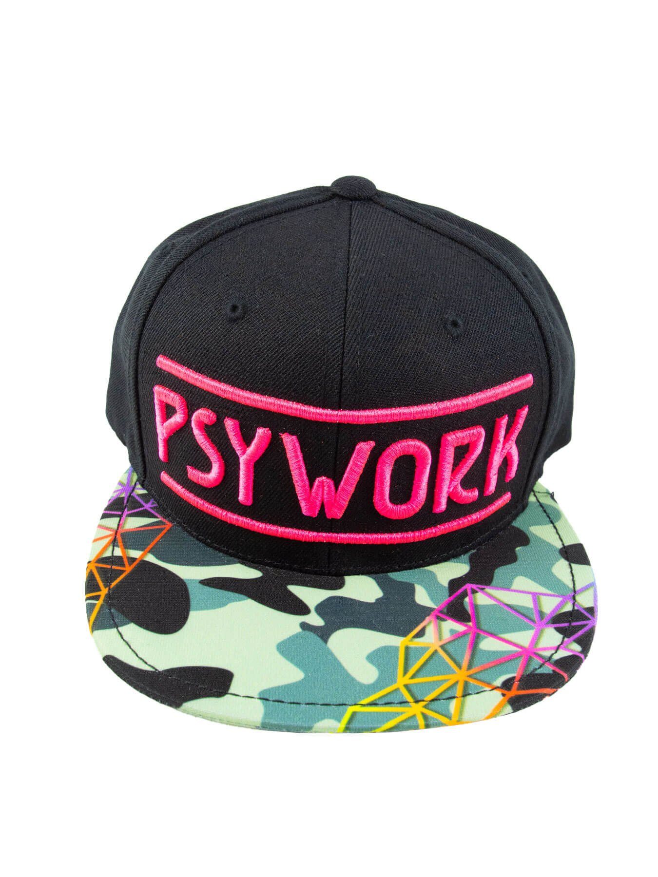 PSYWORK Snapback Cap Schwarzlicht Black Cap Neon "Camouflage", Pink UV-aktiv, leuchtet unter Schwarzlicht