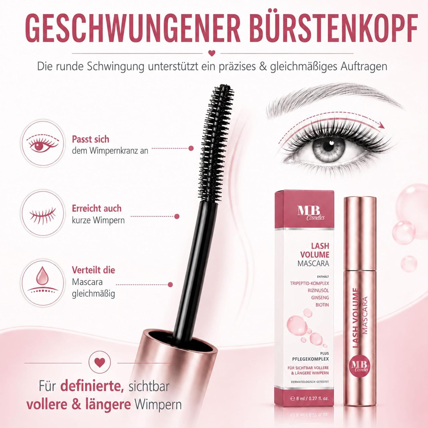 Medical Beauty Cosmetics Mascara Schwarz mit Serumeffekt - Lash Volume Wimperntusche, 8 ml, pflegend mit Tripeptid-Komplex & Biotin für lange Wimpern, Vegan