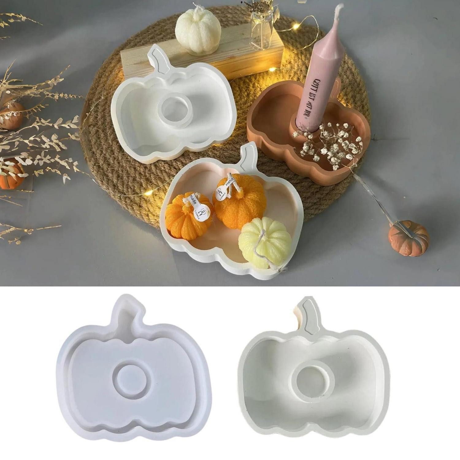 LuxusKollektion Teelichthalter mit Tablett Silikonform Kürbis Kerzenhalter Herbst Deko (2 St)