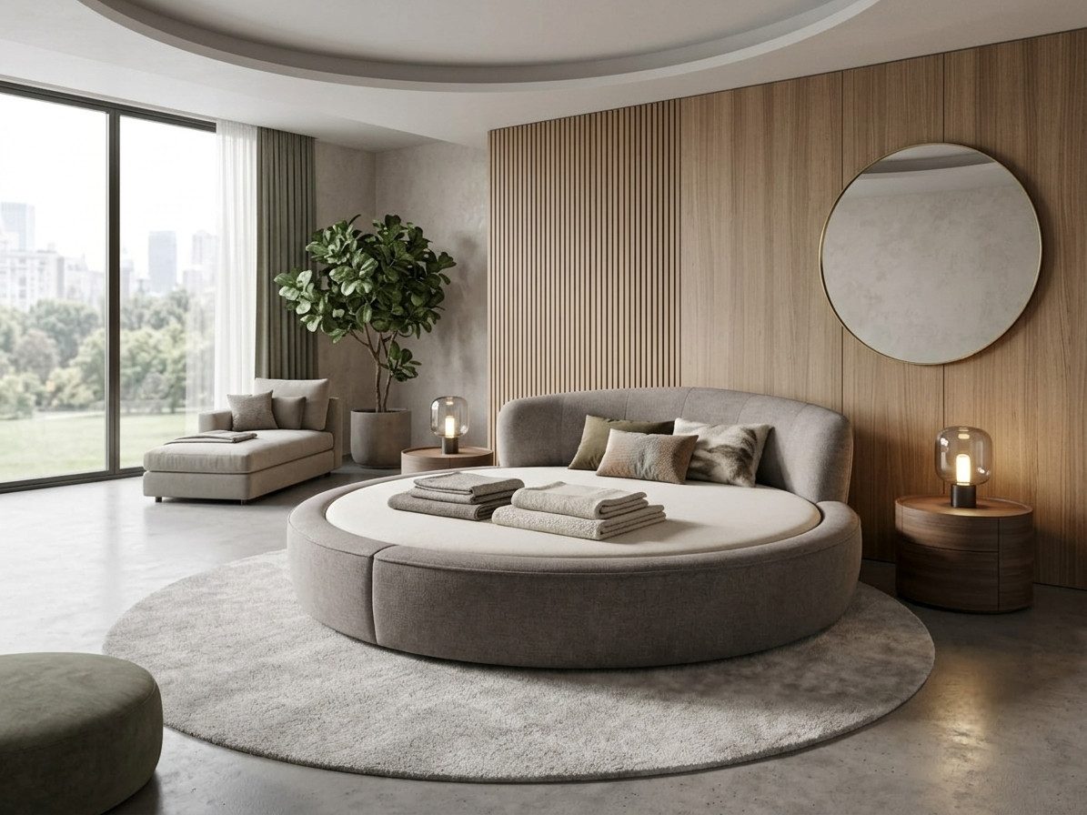 Xlmoebel Polsterbett Luxus Rundbett Elegant Lounge Bett Gemütlich Premium Sofort (1-tlg., Exklusive Dekoration), Rundbett mit elegant geschwungenem Kopfteil für Hotel-Komfort zu Hause