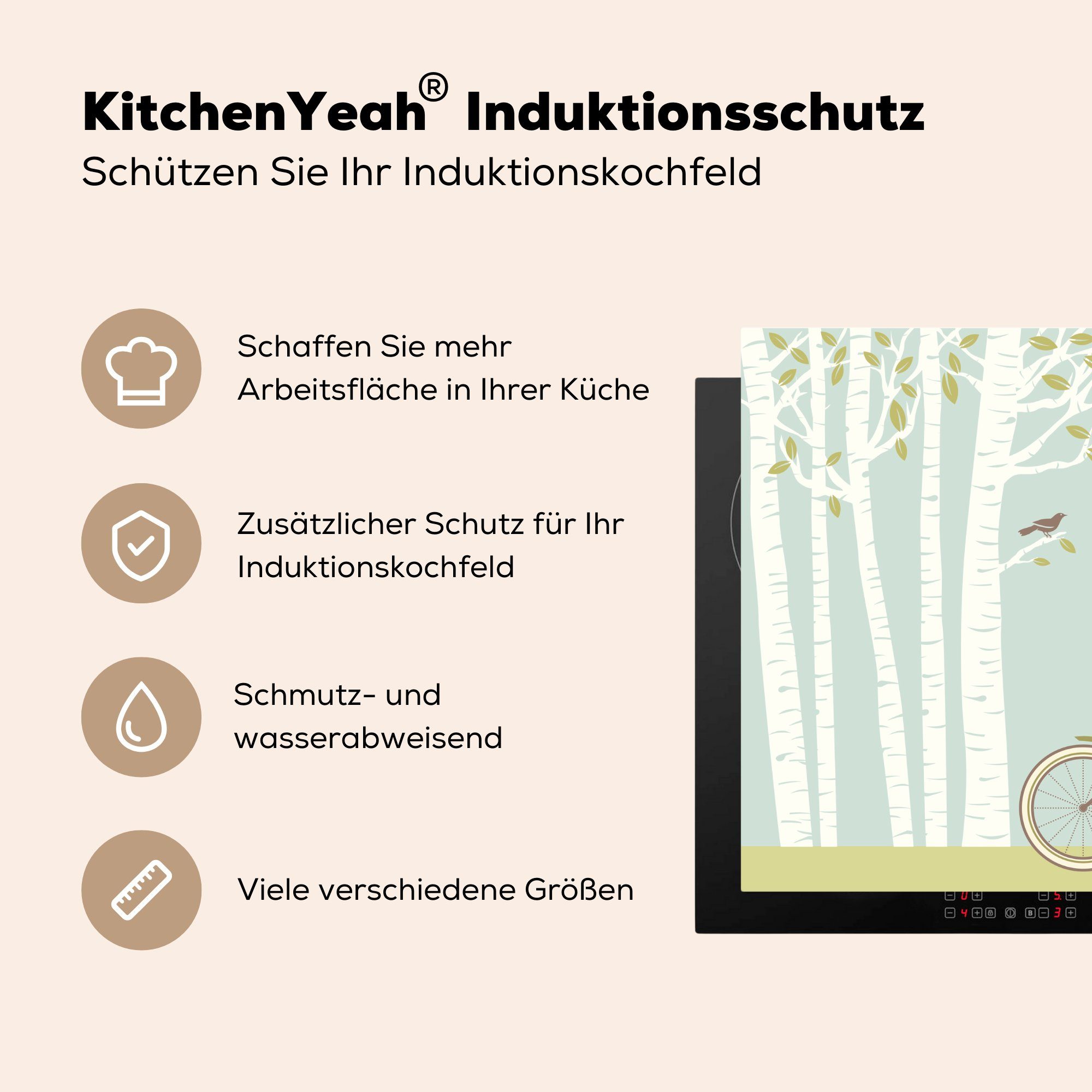 60x52 Arbeitsfläche eines mit Herdblende-/Abdeckplatte Fahrrads Eine Illustration nutzbar, cm, Vinyl, Mobile tlg), am Waldes MuchoWow eines Birken, Ceranfeldabdeckung (1 Rande