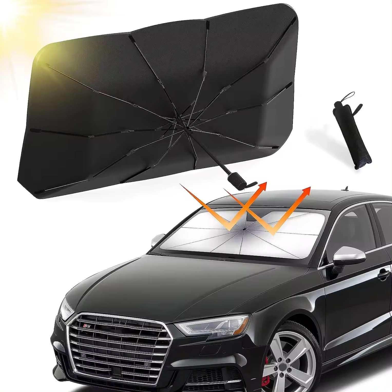 LA CUTE Autosonnenschutz Auto Sonnenschutz Windschutzscheibe Sonnenschirm Frontscheibe, 110 x 65 cm, (Sonnenschutz Schirm Faltbar UV- Beständig, Faltbarer Auto Sonnenschirm für die Windschutzscheibe), Ultraleichtes Design für einfache Handhabung und Transport.