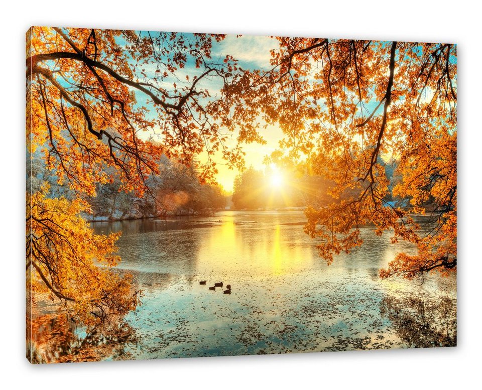 Pixxprint Leinwandbild Herbstbäume um See bei Sonnenuntergang, Herbstbäume  um See bei Sonnenuntergang (1 St), Leinwandbild fertig bespannt, inkl.  Zackenaufhänger