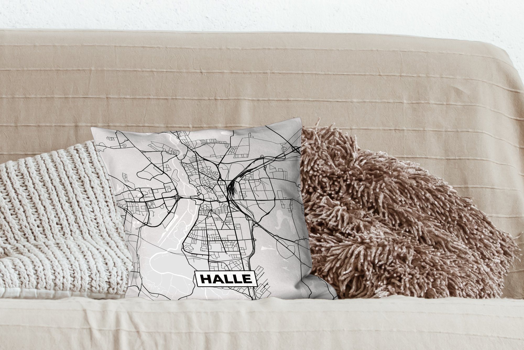 Stadtplan, Halle mit Deko, für Zierkissen - Wohzimmer, Deutschland Dekokissen Füllung - Karte Schlafzimmer, - Sofakissen MuchoWow