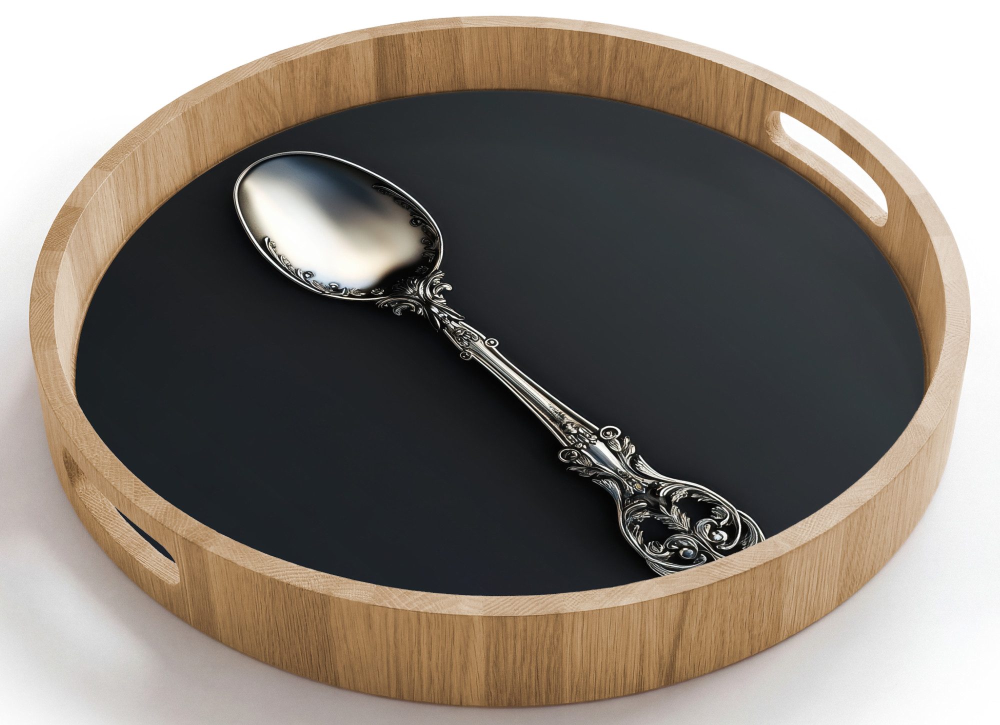 OnlyWow Tablett Rund mit Henkel Löffel - Silber - Metall, Eichenholz, (1-tlg), Siervierplatte, Tray, Frühstücksbrett