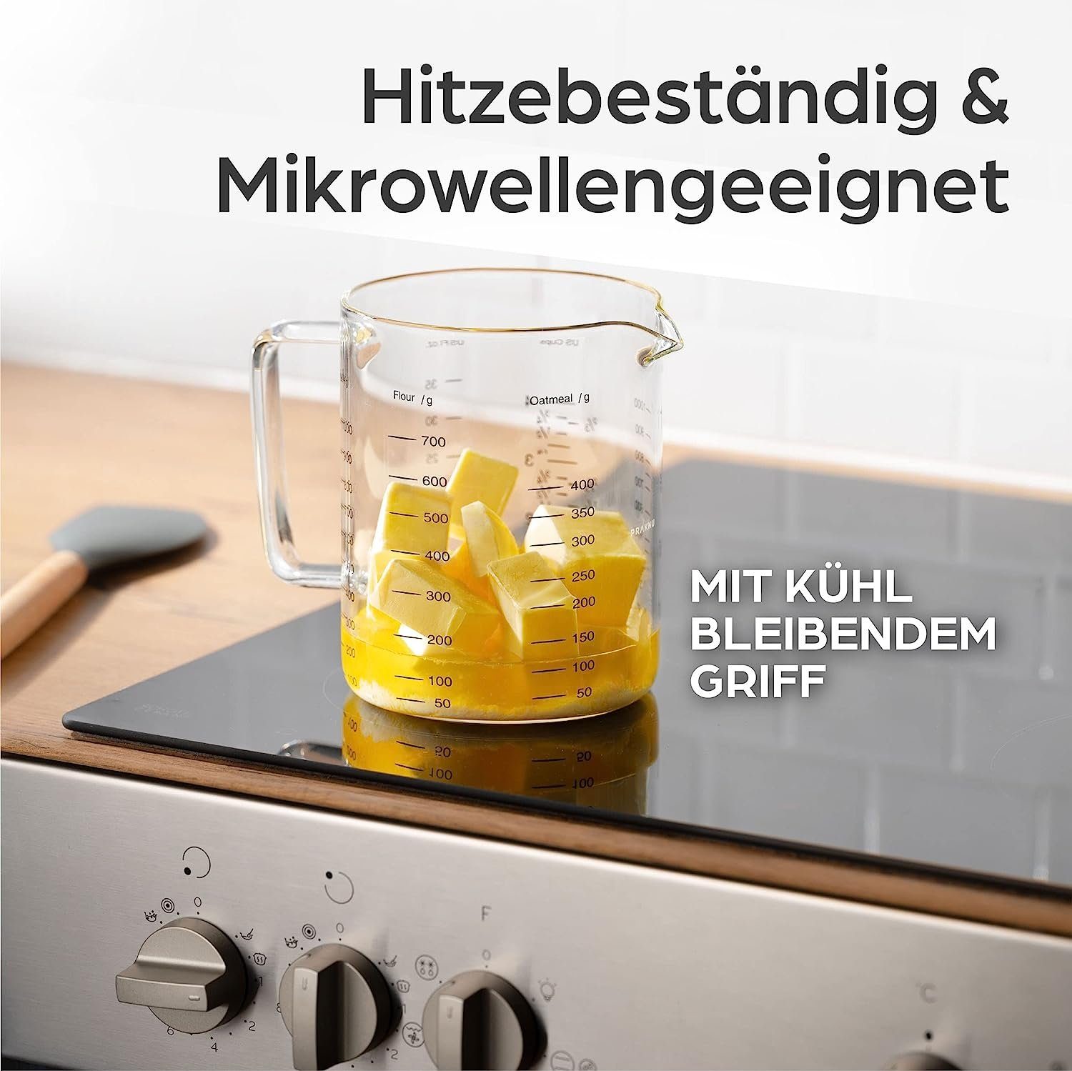 Praknu Messbecher Glas Messbecher mit Ausguss - 1L & 500ml - Hitzebeständig &, Borosilikatglas, (Set)