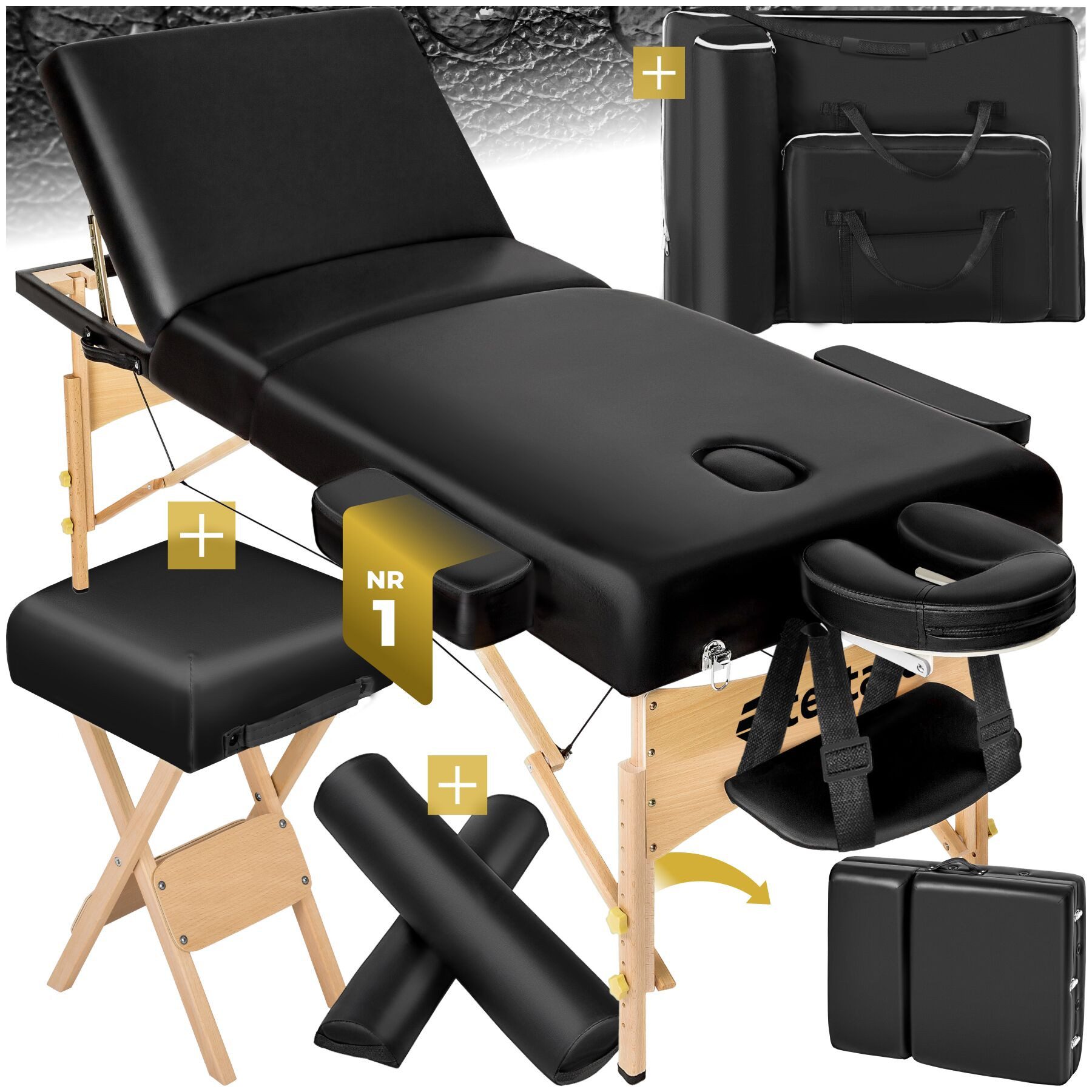 tectake Massageliege 3-Zonen-Liegen-Set 218 x 102 x 90 cm, Holz, klapp-/höhenverstellbar (Massagebank-Set, 1-St., in schwarz), 70 cm breit, 10 cm Polster, Kopf-/Armablagen, Hocker, Rollen, Tasche