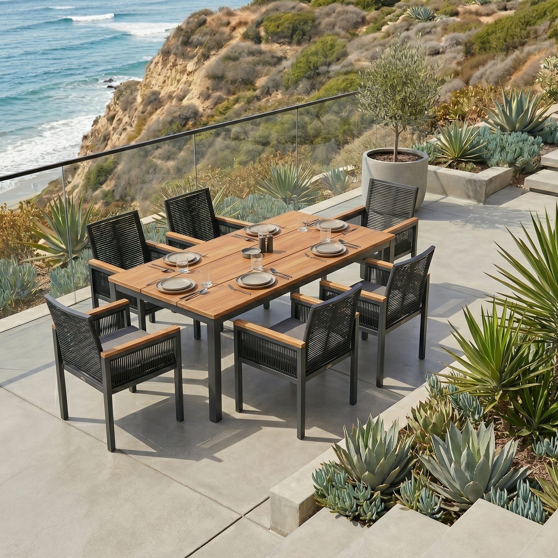 CASA DOMA Garten-Essgruppe Varano/Siara, Gartenmöbel-Set, Teaktisch & 6 Diningsessel, (7-tlg), Edelstahl & Aluminium, anthrazit, Rope & Textilgewebe