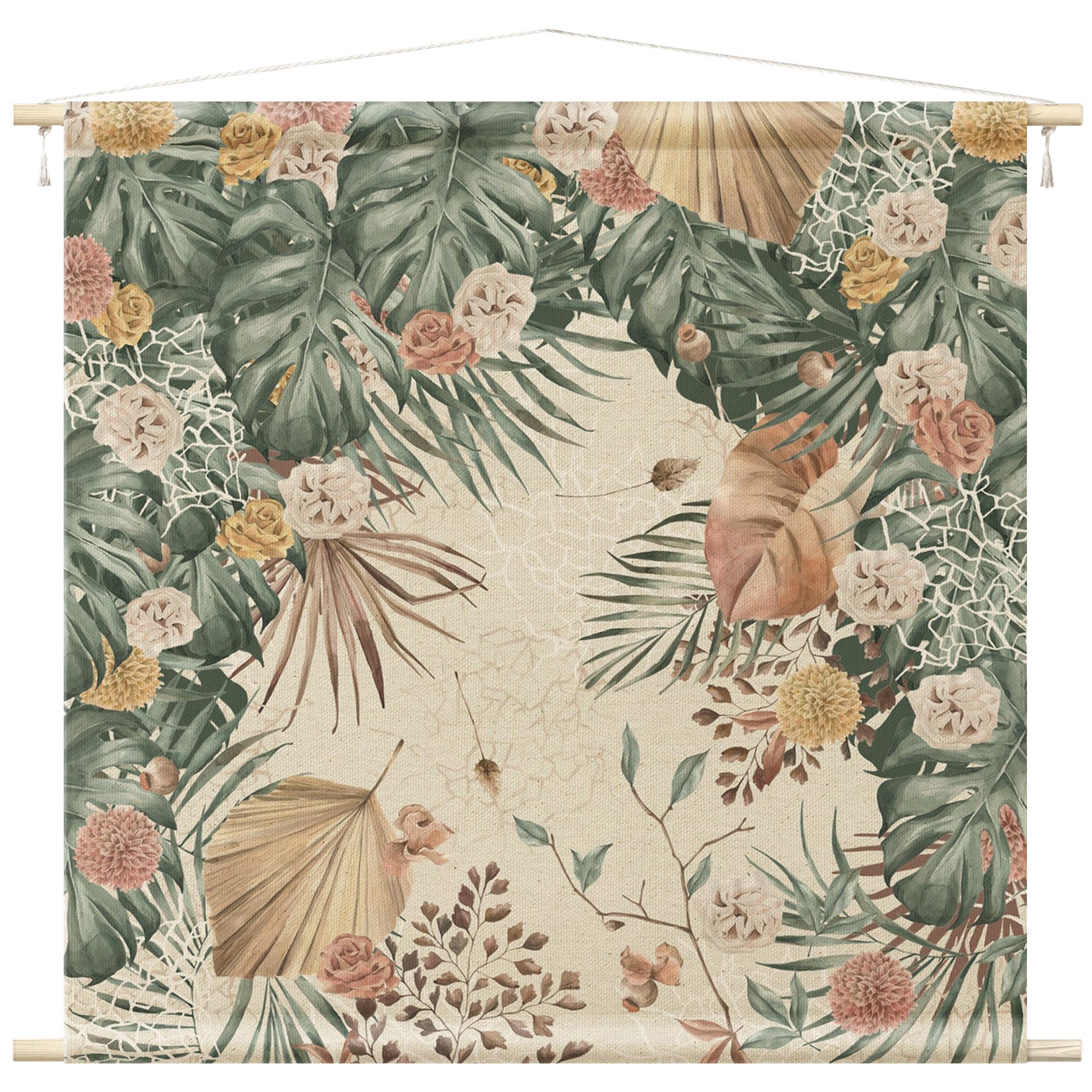 Bilderdepot24 Wandteppich modern Aquarell Tropisch grün, quadratisch, Höhe: 2.6 mm, großes Wandbild aus Natur-Baumwolle Wandbehang Stoffbild Tuch Wollseil