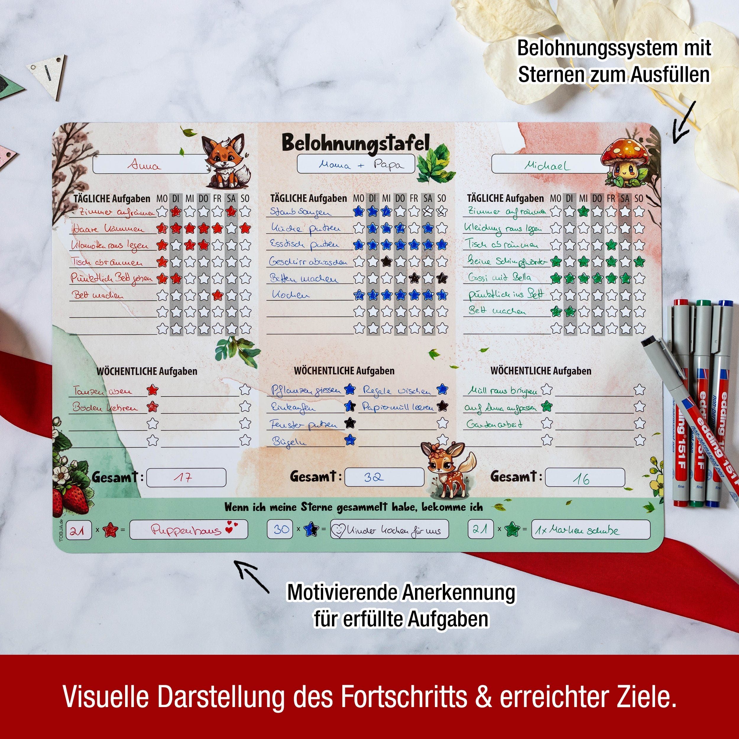 TOBJA Magnettafel A3 Belohnungstafel [Waldtiere] +4 Stifte Kinder magnetisch, Belohnungssystem magnetisch inkl. 4 Bunte Markenstifte – Bild 4 von 5
