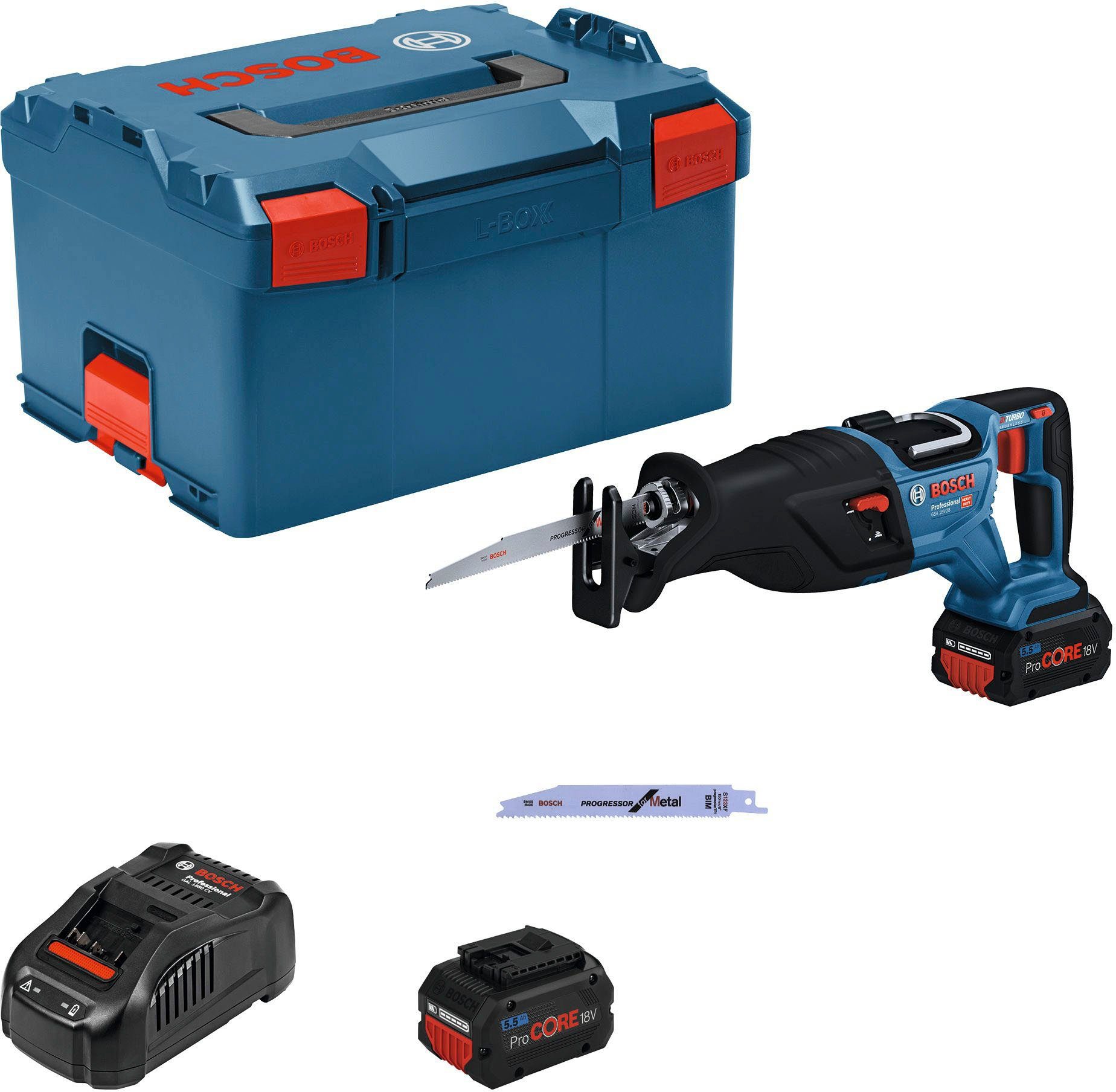 Bosch Professional Akku-Säbelsäge BITURBO. GSA 18V-28, Set, Brushless-Technologie, 2x PC5,5Ah, L-BOXX