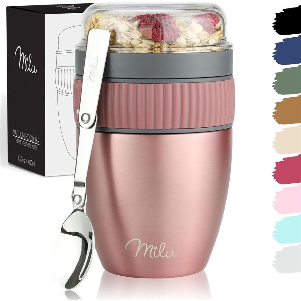 Milu Müslibox Müslibecher to go, 400ml, isolierter Edelstahl Joghurtbecher für Müsli, rosegold