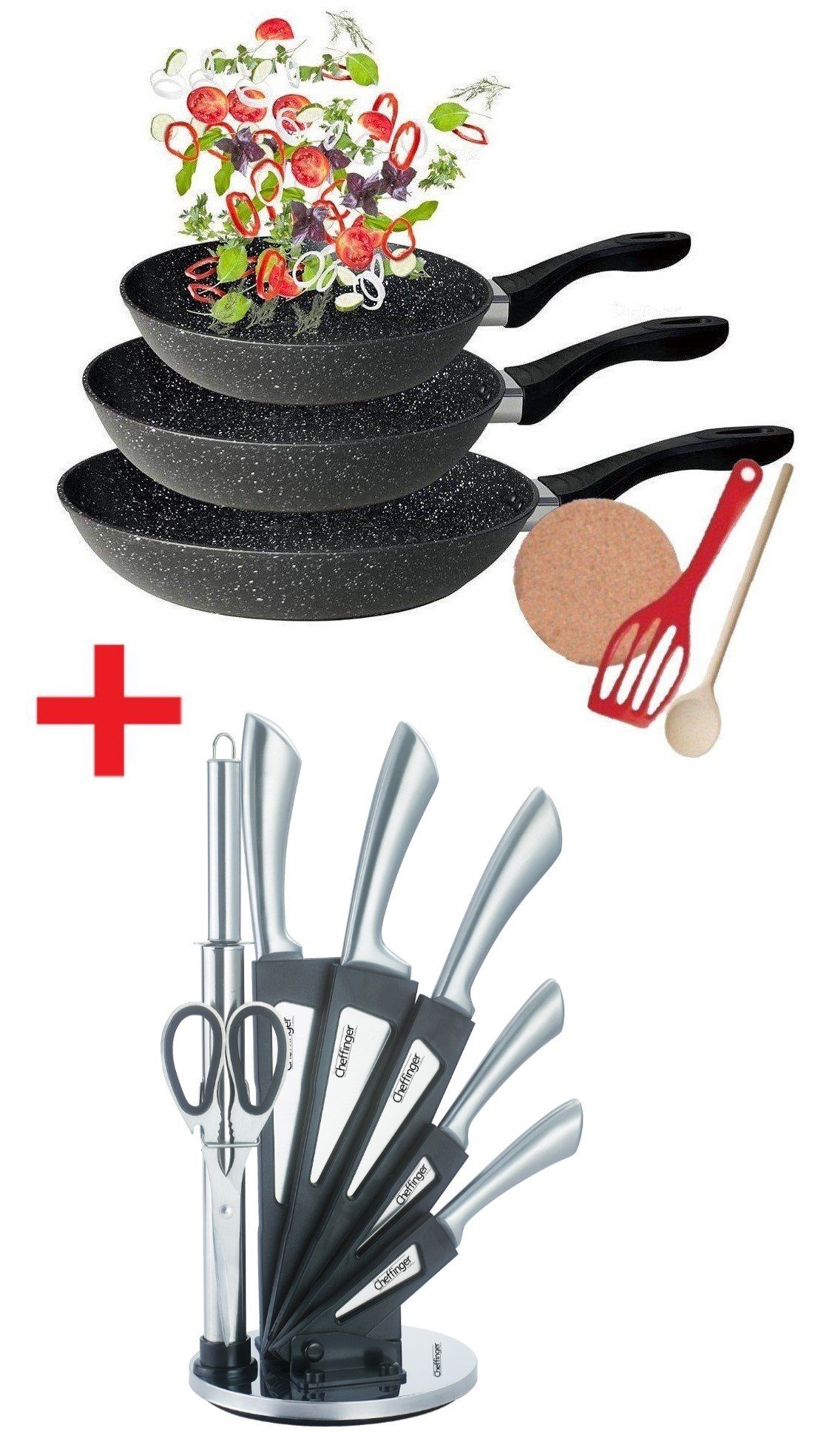 KESSMANN Pfannen-Set Induktion Pfannen 20cm 24cm 28cm mit Zubehör 6tlg + Kochbesteck 8tlg, Aluminium (Set, 14-tlg., Inkl. 1 Pfannenwender + 3 Untersetzer + 1 Löffel + Küchen Organizer), Pfannenset alle Herdarten Induktionsherd Messerblock Küchen Messer