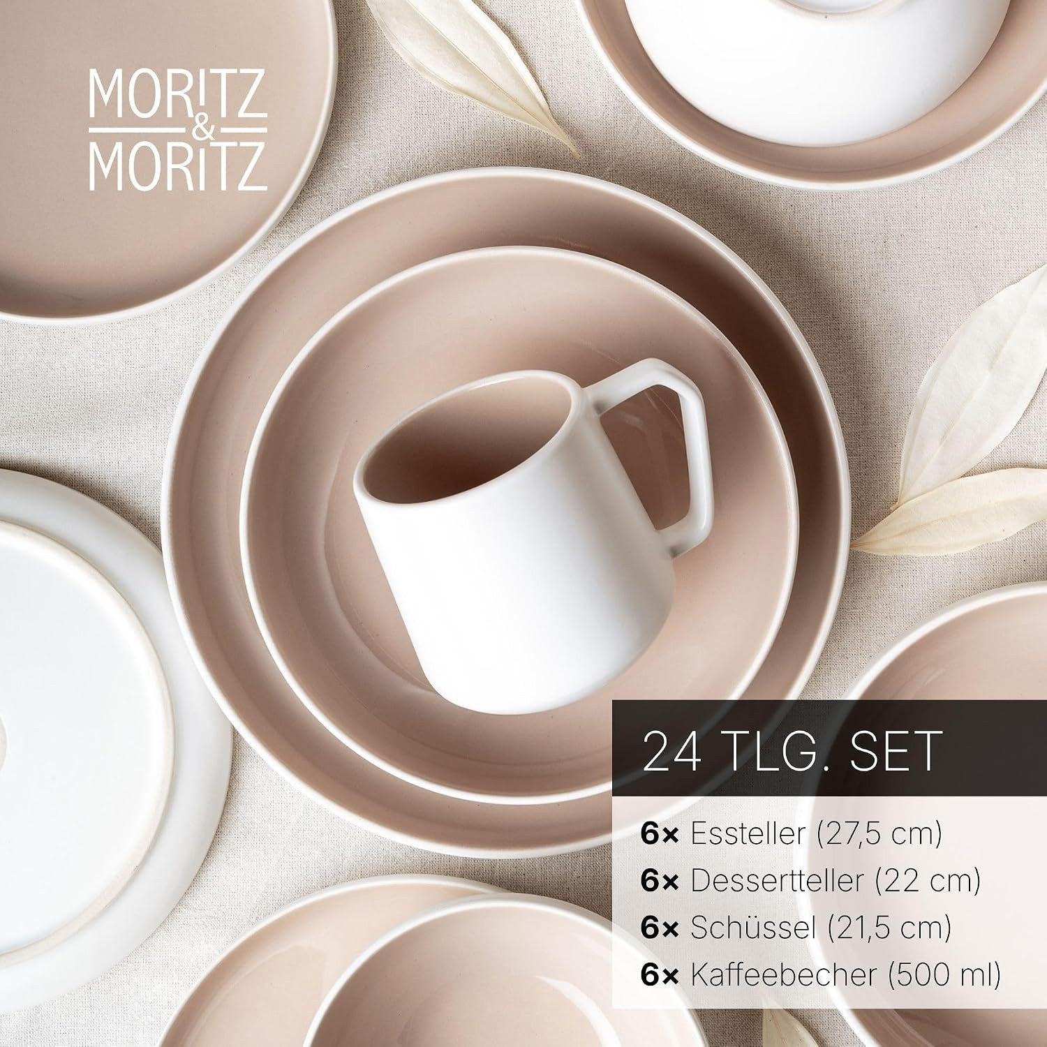 Moritz & Moritz Kombiservice CAVO Geschirrset mit Tassen Almond (24-tlg), 6 Personen, Steinzeug, für 6 Personen aus Steinzeug
