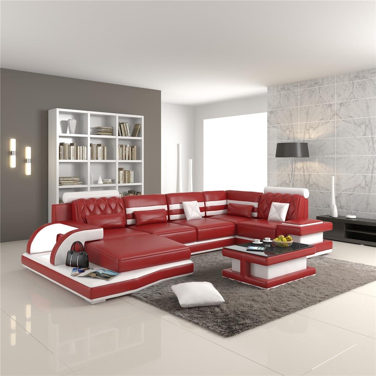 JVmoebel Ecksofa Ecksofa Ledersofa Big xxl U Form Wohnlandschaft Sofa Couch, Made in Europe Rot/Weiß