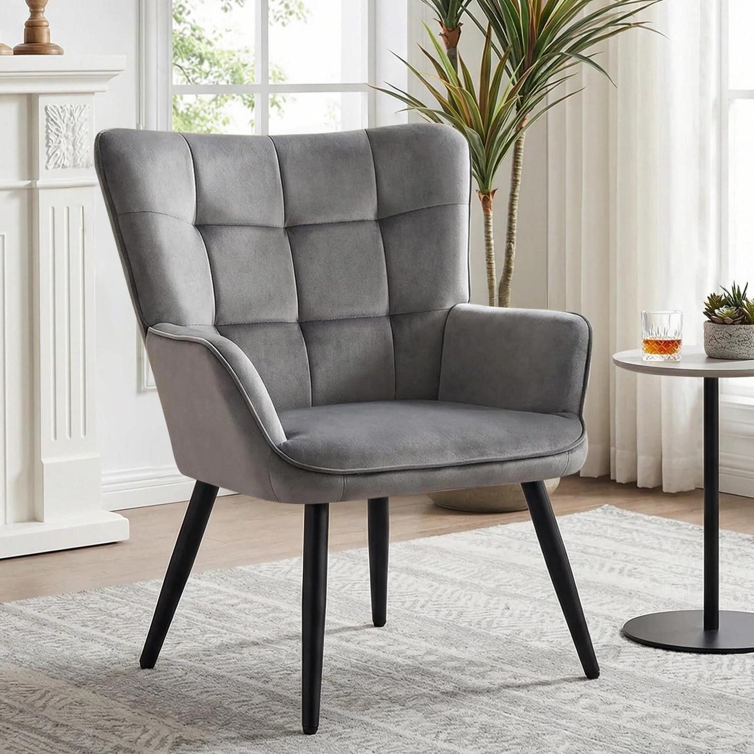 LuxusKollektion Ohrensessel Ohrensessel Samt skandinavisch Wohnzimmer Loungesessel Grau 1 Stück