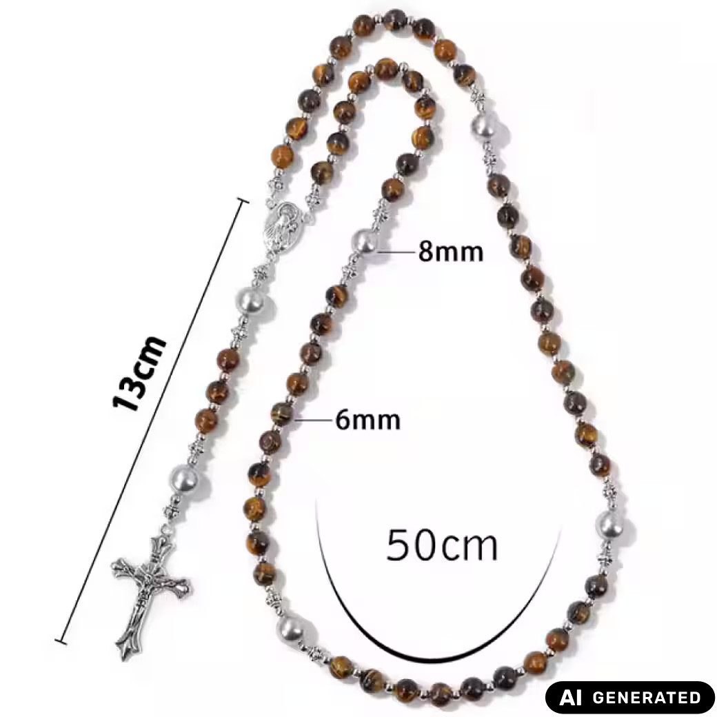 Ware aus aller Welt Kette ohne Anhänger Rosenkranz Gebetskette Tigerauge-Perlen Halskette mit Kreuzanhänger (1-tlg)