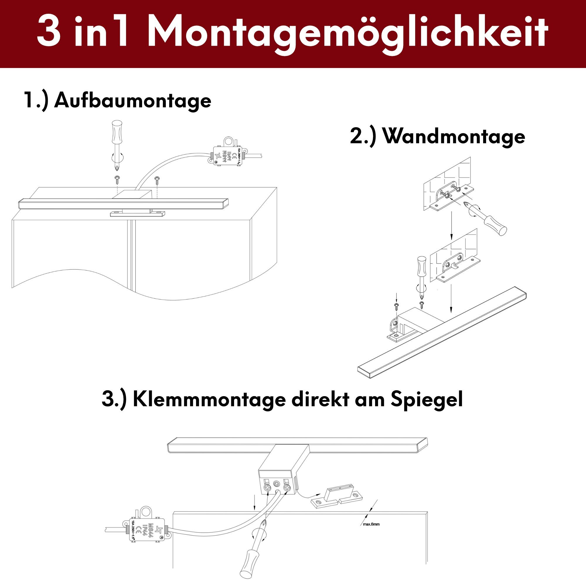 kalb Spiegelleuchte 100cm LED neutralweiß schwarz, Badlampe Badleuchte Spiegellampe 230V