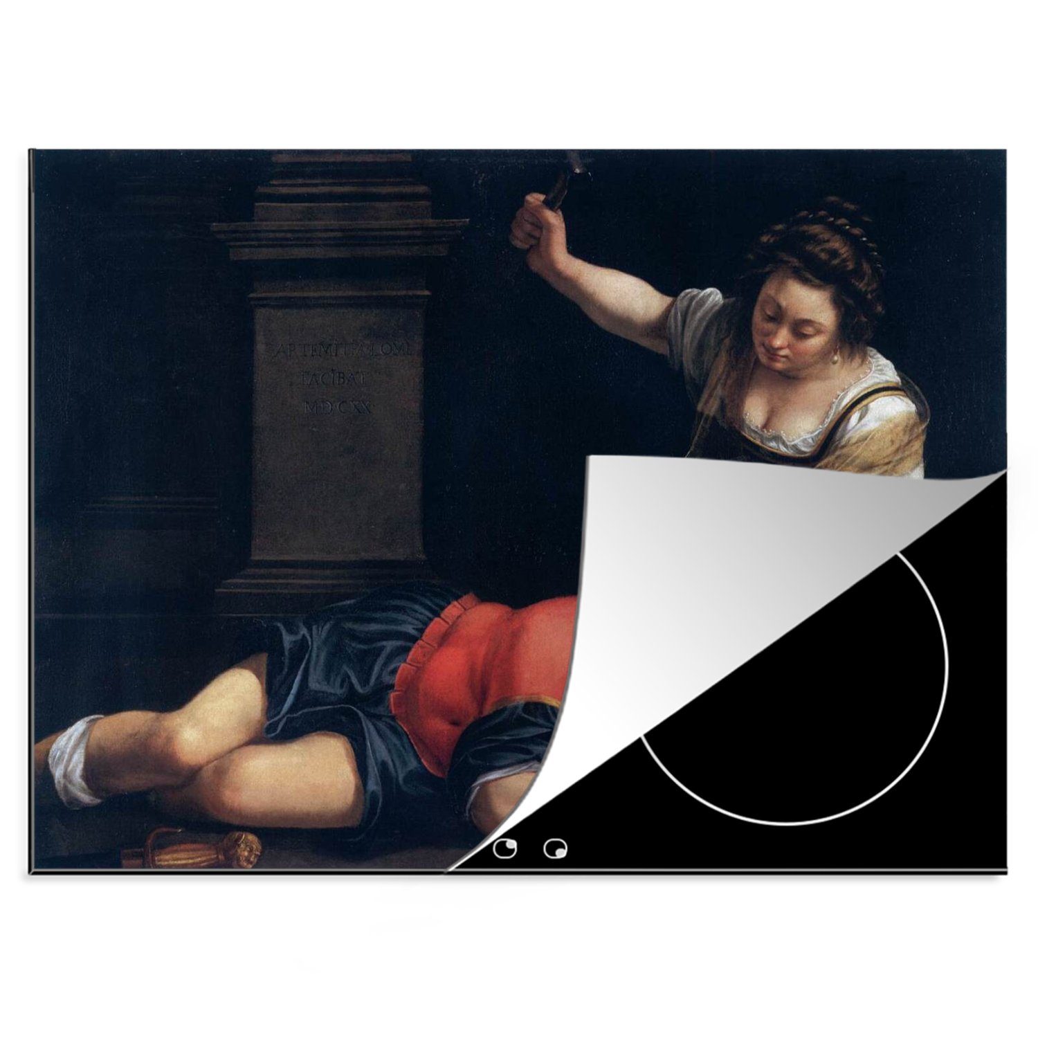 MuchoWow Herdblende-/Abdeckplatte Jael und Sisera - Gemälde von Artemisia Gentileschi, Vinyl, (1 tlg), 70x52 cm, Mobile Arbeitsfläche nutzbar, Ceranfeldabdeckung