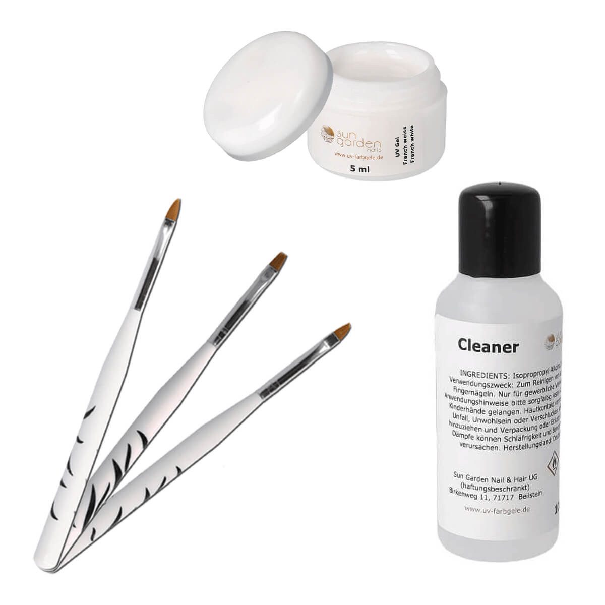 Sun Garden Nails Nagellack 5 ml UV Classic French Gel weiß + 3 tlg. Pinselset + Cleaner 100 ml
