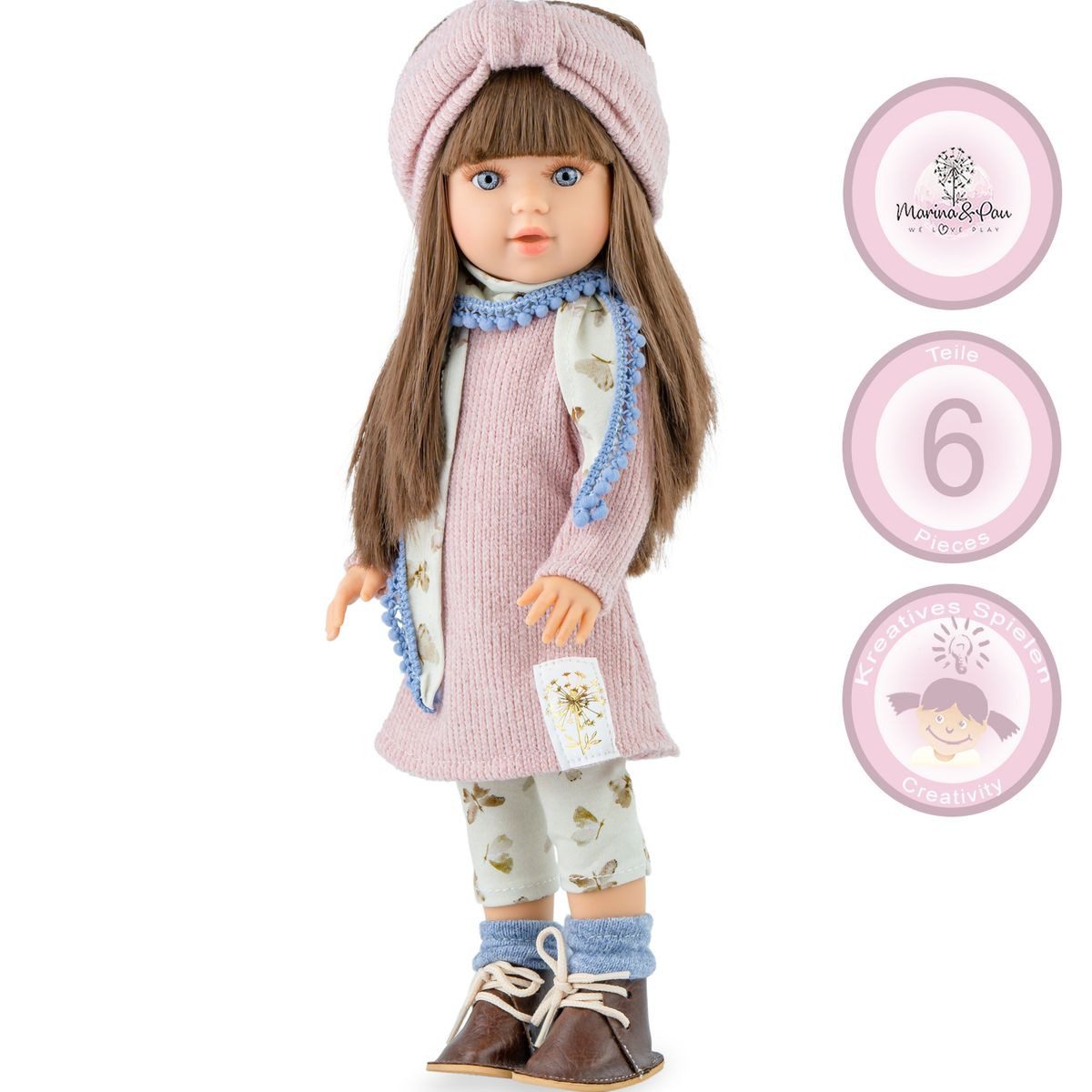 Marina & Pau Anziehpuppe Ronja 40 cm mit langen braunen Haaren und Vinylkörper für Kinder