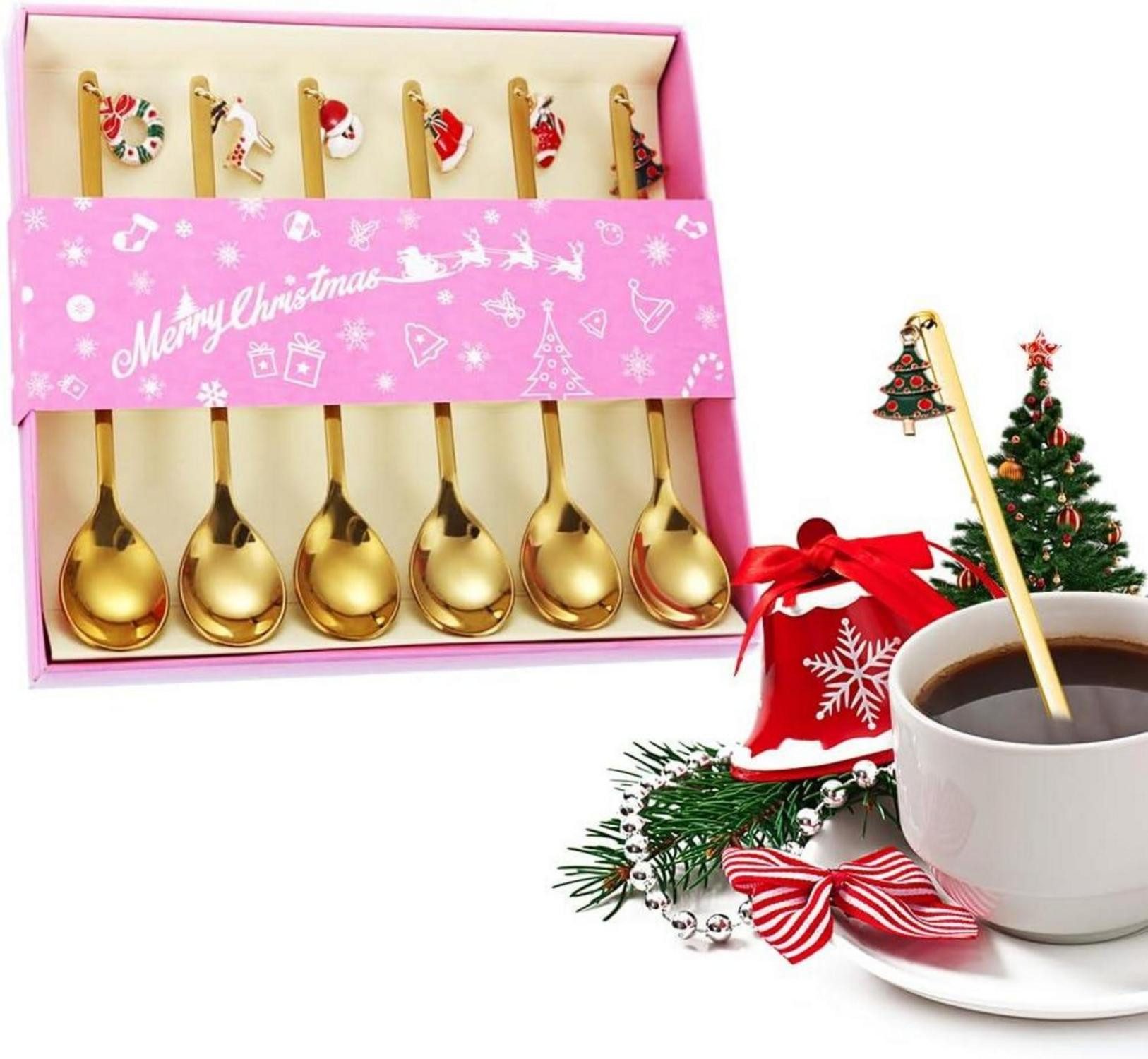 Dekohänger Weihnachtslöffel Set 6 Stück Edelstahl Geschenkbox Gold