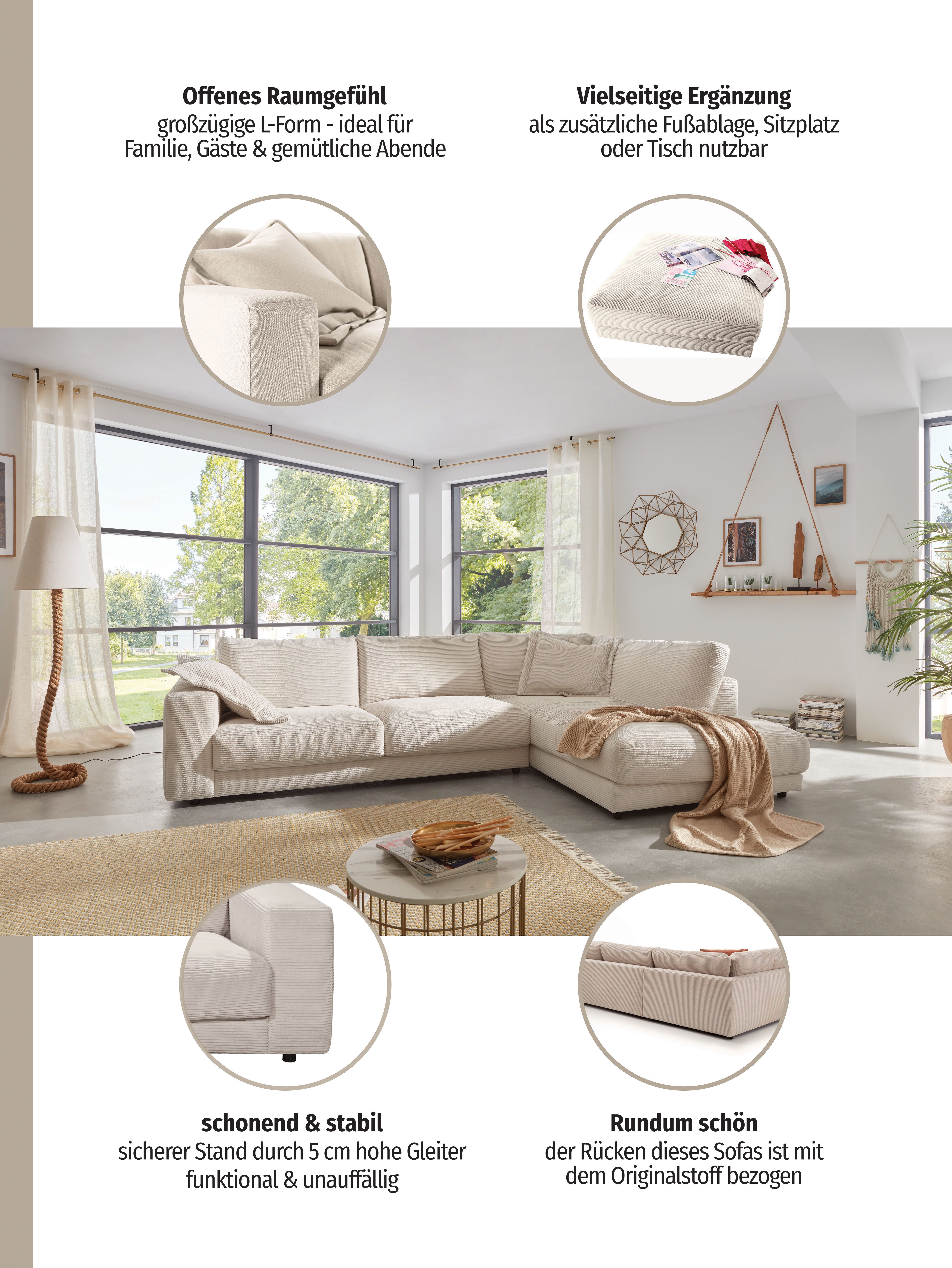 Home affaire Ecksofa Enisa XXL B/T/H: 325/224/85 cm L-Form, Kuschelig, gemütlich, in 5 Farben, Bezug in Cord, mit 2 Zierkissen