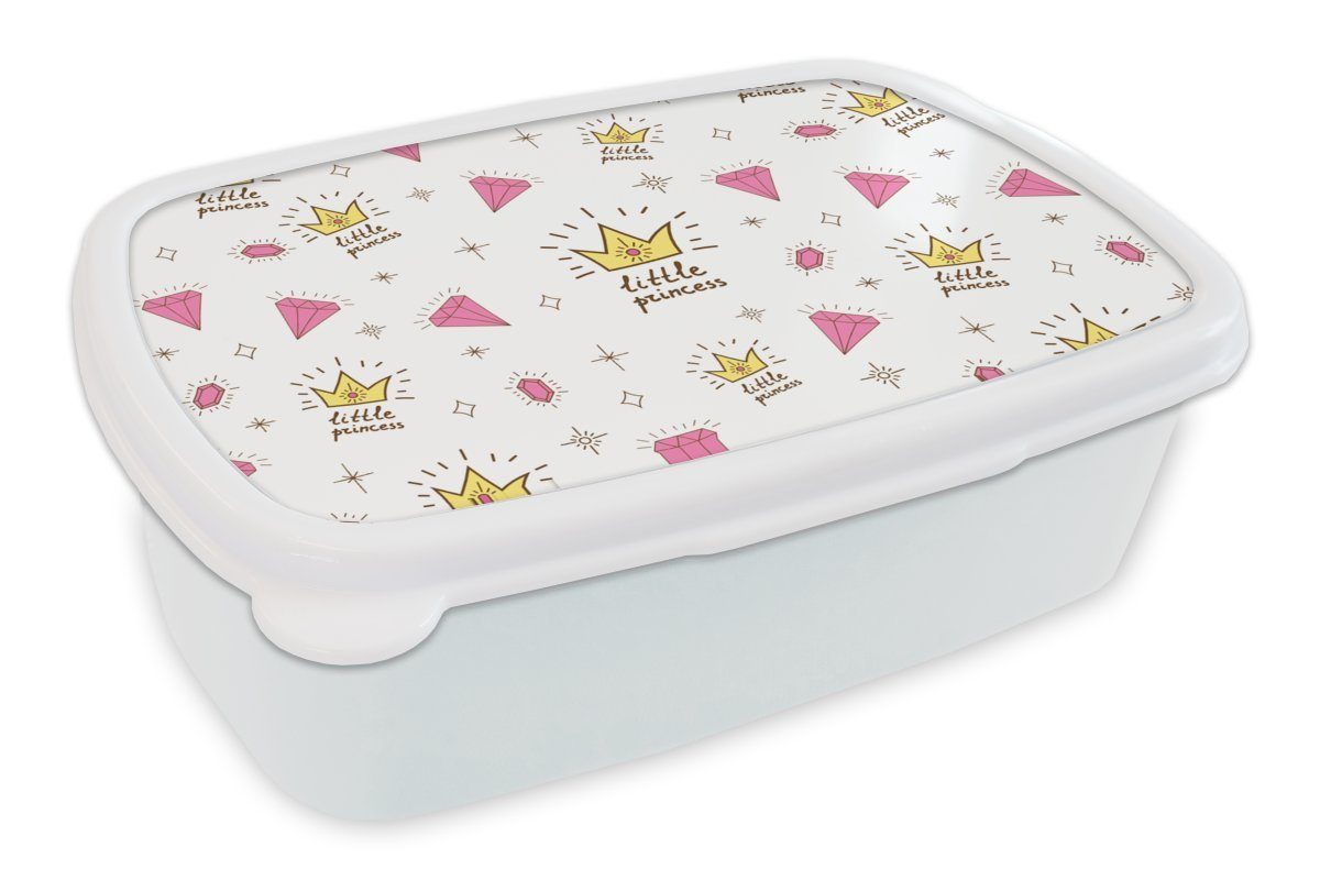 MuchoWow Lunchbox Prinzessin - Muster - Zitat - Krone, Kunststoff, (2-tlg), Brotbox für Kinder und Erwachsene, Brotdose, für Jungs und Mädchen weiß