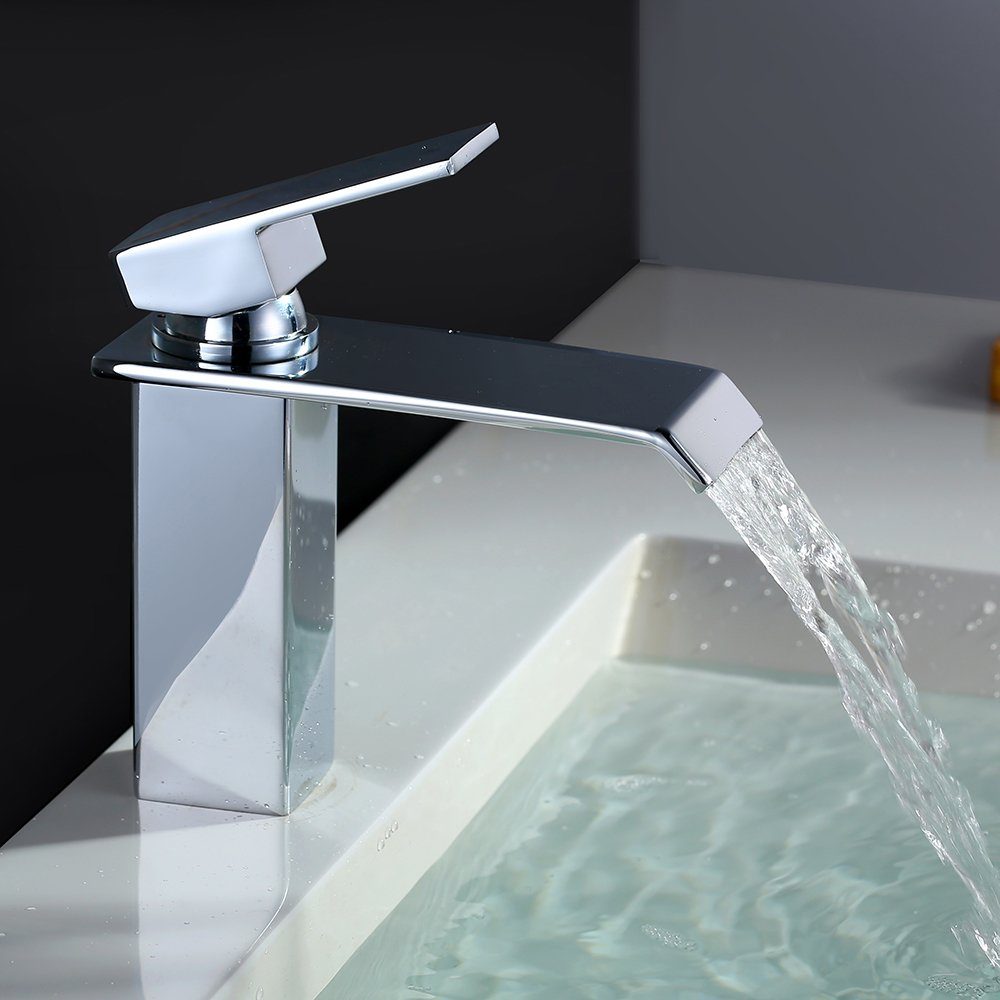 HOMELODY Waschtischarmatur Edelstahl Waschtischarmatur mit Wasserfallauslauf, Einhebelmischer Eckiger Wasserfall-Auslauf, Kalt- und Warmwasser,Chrom