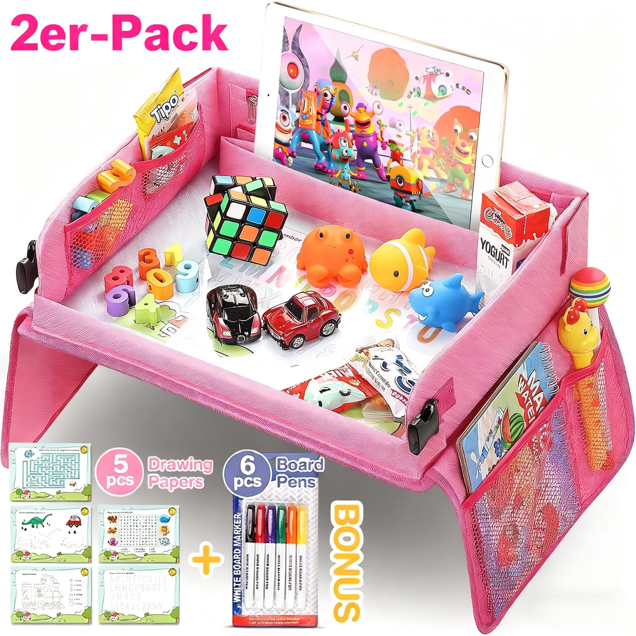 POPOLIC Spieltisch Kinder Reisetisch Kindersitz Spiel, Lernspielzeug für den Innenbereich, (mit 1 Transparenter Zeichnungsfilm + 5 Zeichenpapier + 6 Farbstifte, 2-tlg), Zeichenbrett Geschenk für zu Hause, Reise(Rosa)