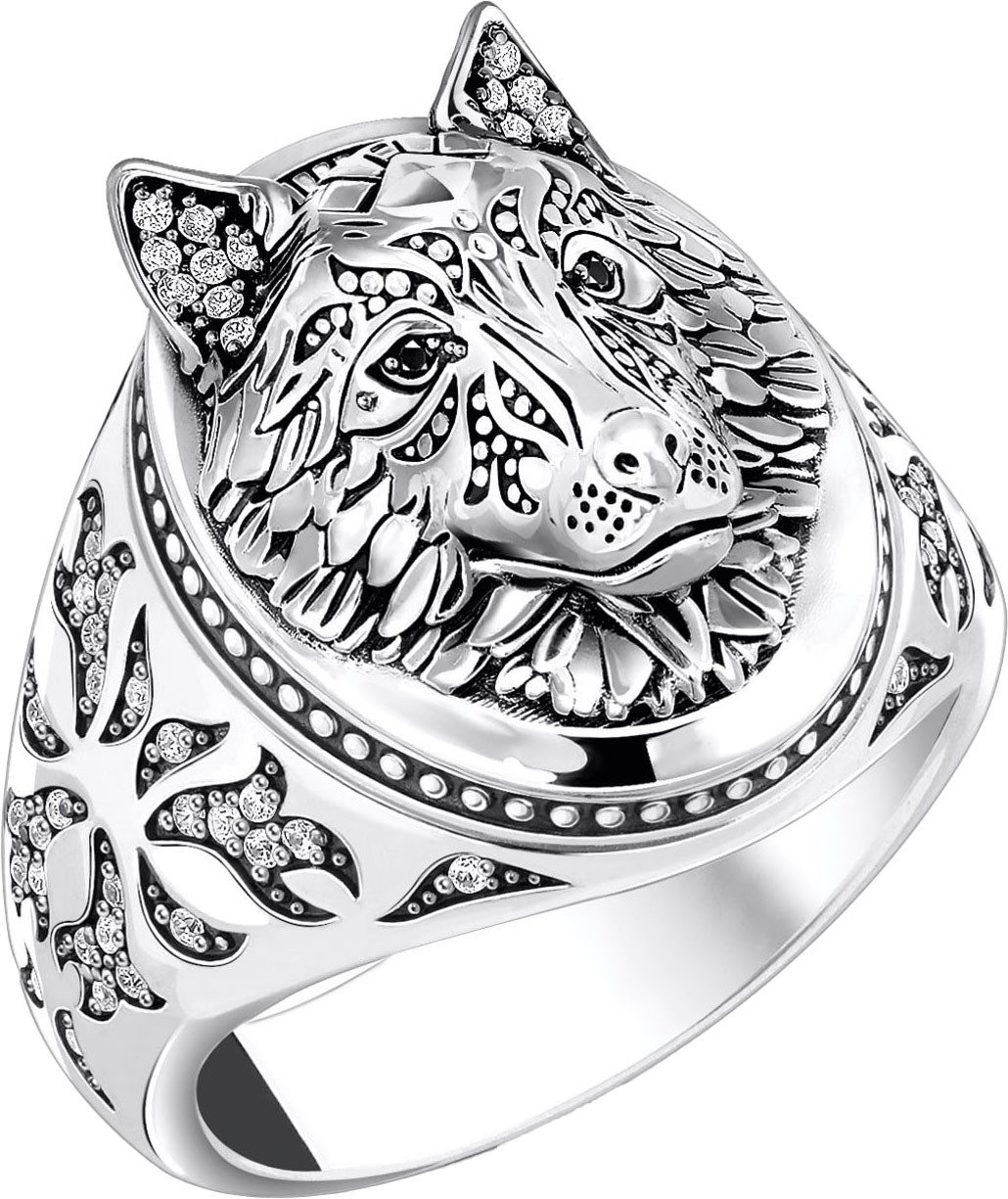 THOMAS SABO Siegelring Wolf-Optik mit Steinen Silber, TR2452-643-21-54-68, mit Zirkonia (synth)