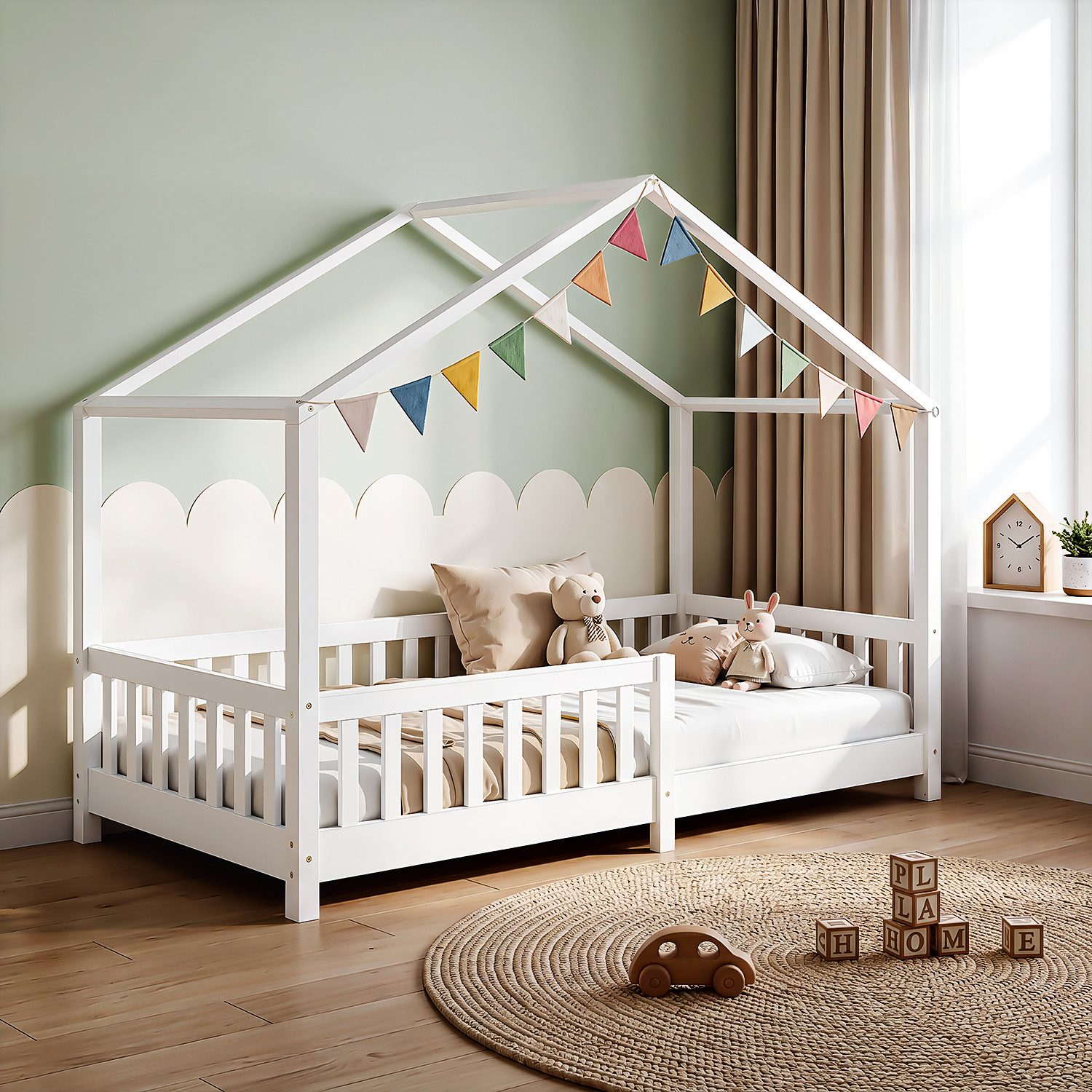 oyajia Kinderbett 90x200 cm Bodenbett Rausfallschutz abnehmbar bis 200 kg belastbar (Montessori Kinder- & Jugendbett aus Kiefer Massivholz), Bodenbett Hausbett  – Bild 2 von 5