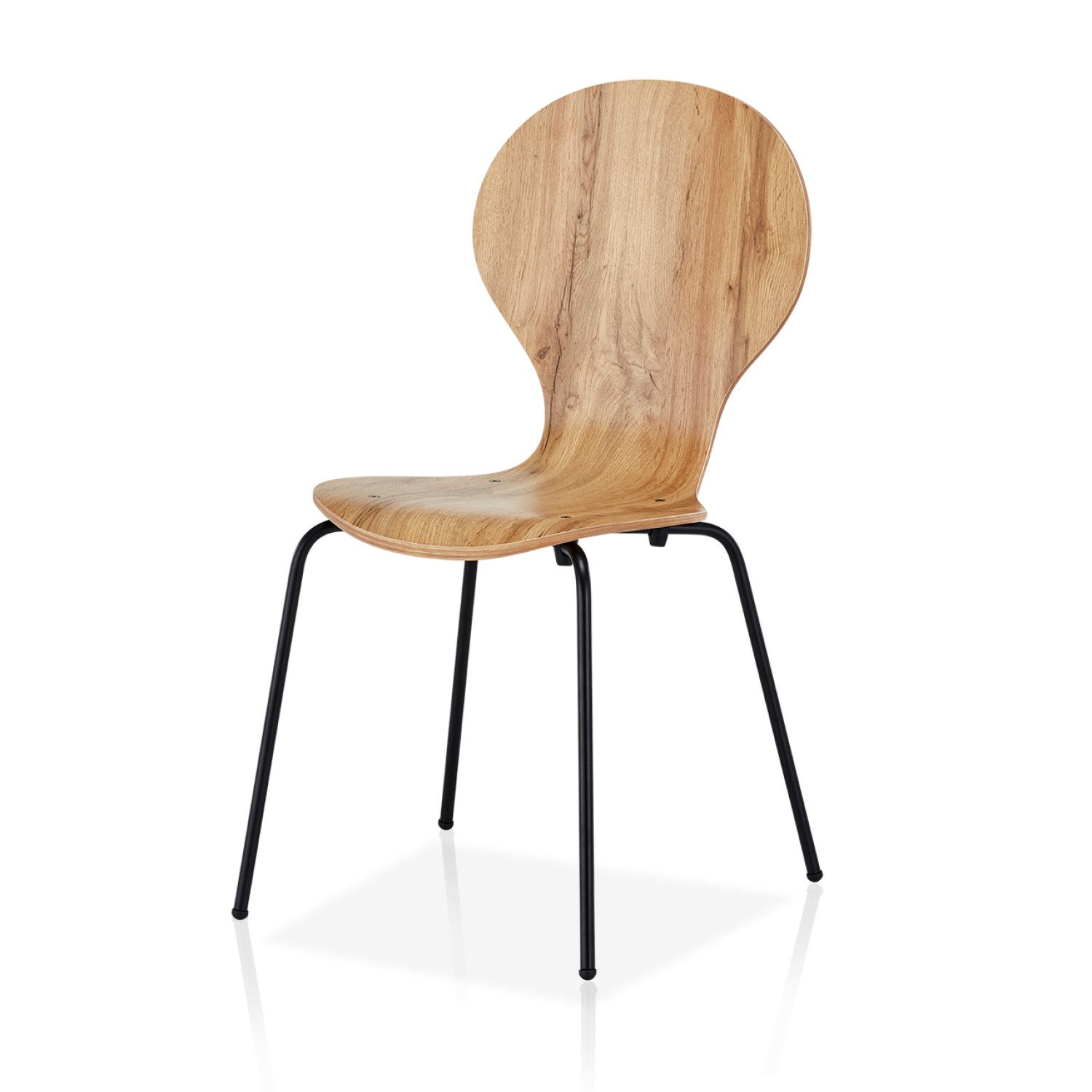 KHG Stapelstuhl Esszimmerstuhl Eiche-Optik, bis 110 kg belastbar, Modern, Stapelbar, Einteilige Sitzschale, Metallgestell pulverbeschichtet schwarz