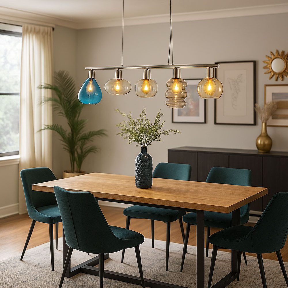 NOWA LED Pendelleuchte, Leuchtmittel inklusive, Warmweiß, LED Pendelleuchte Esstischlampe dimmbar 5 flammig Glas bunt L 80 cm