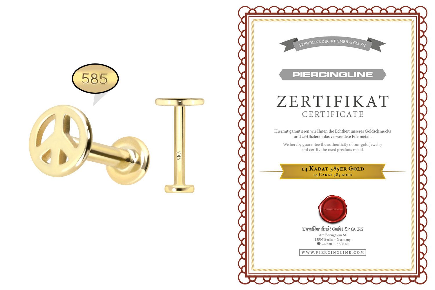 PIERCINGLINE Piercing-Set 14 Karat Gold Labret mit Innengewinde PEACE-ZEICHEN (Labrets, 1-tlg)