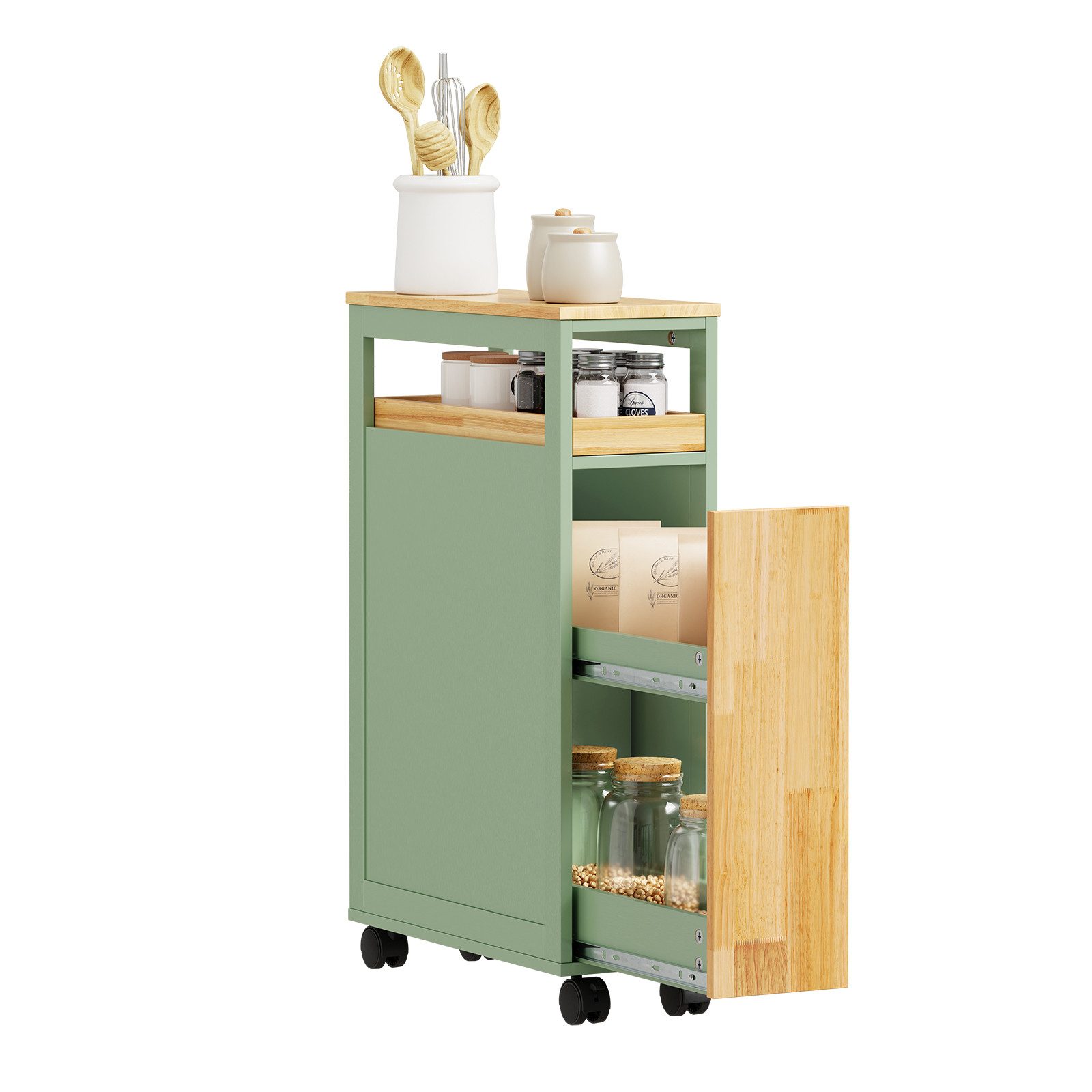SoBuy Servierwagen NSR14, Nischenwagen Schmal 20cm, Rollwagen mit 2 Schubladen, (1er Set), Rollcontainer mit Schiebetür und Bremssystem für Küche und Badezimmer