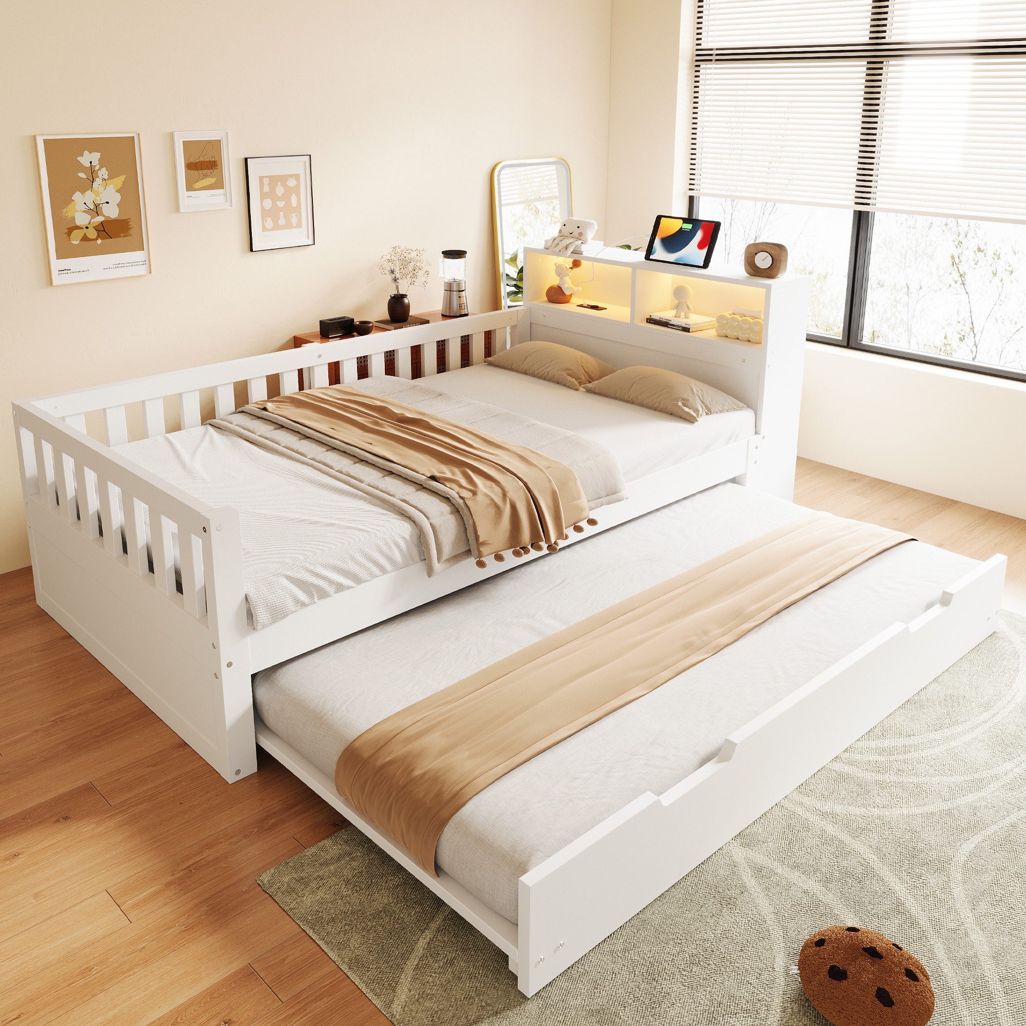 STILVORA Jugendbett 90×200/90×190 mit Stauraum Holzbett Kinderbett, ohne Matratze (Funktionbett, Steckdose, USB und Typ-C-Anschluss), für Kinderzimmer, Jugendzimmer, kleine Räume