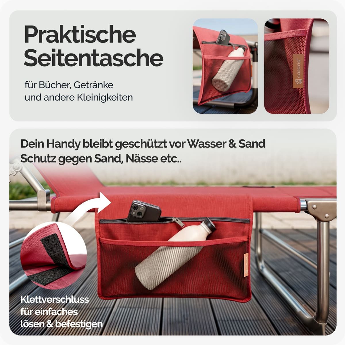 Casaria Gartenliege Ibiza, 2 St., Sonnenliege Klappbar 2er Set mit Dach Liegestuhl Strand 190x60cm Rot
